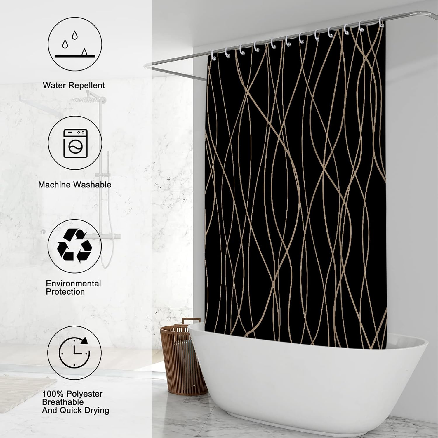 Punkray Wavy Line Polyester Shower Curtain with Hooks 72x72
