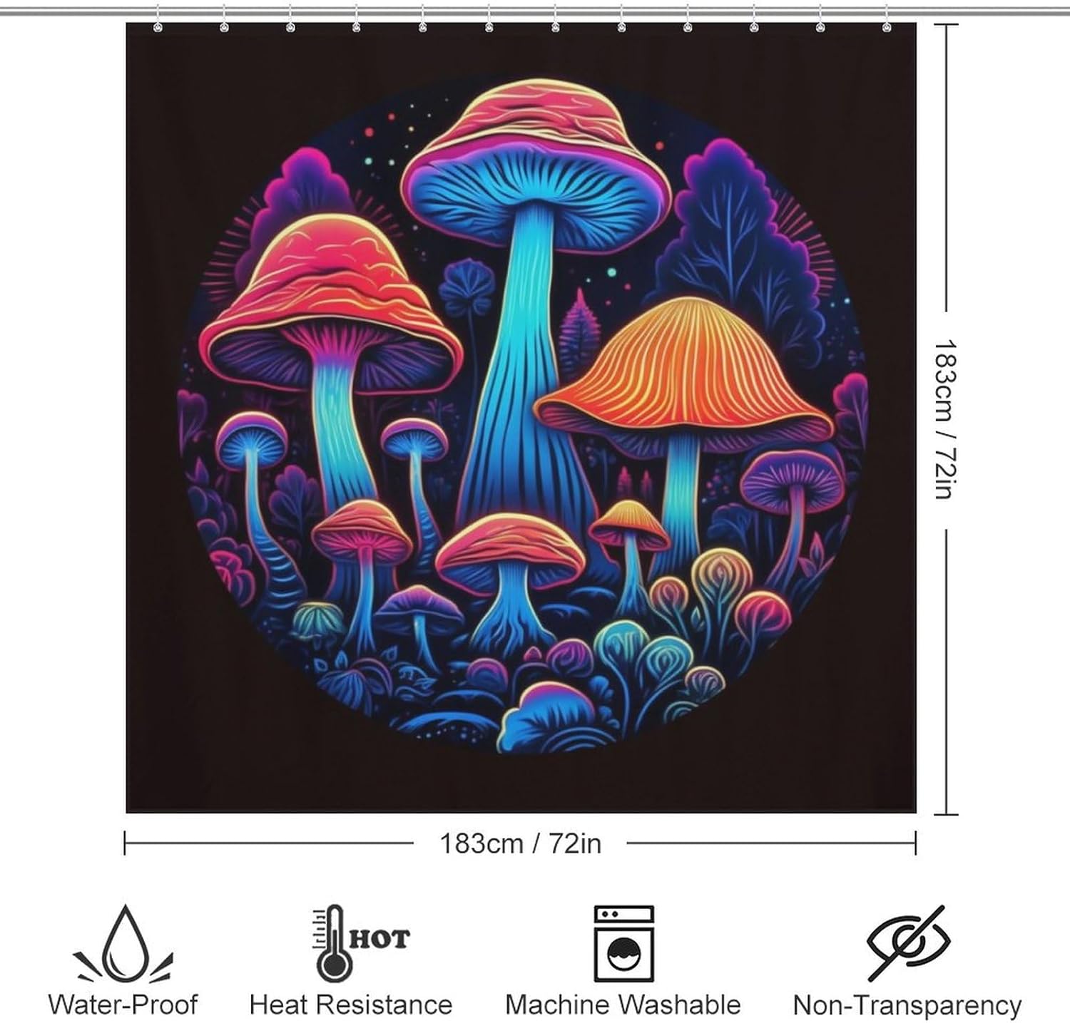 Trippy Mushroom Shower Curtain Set 72x72in with 12 Hooks
