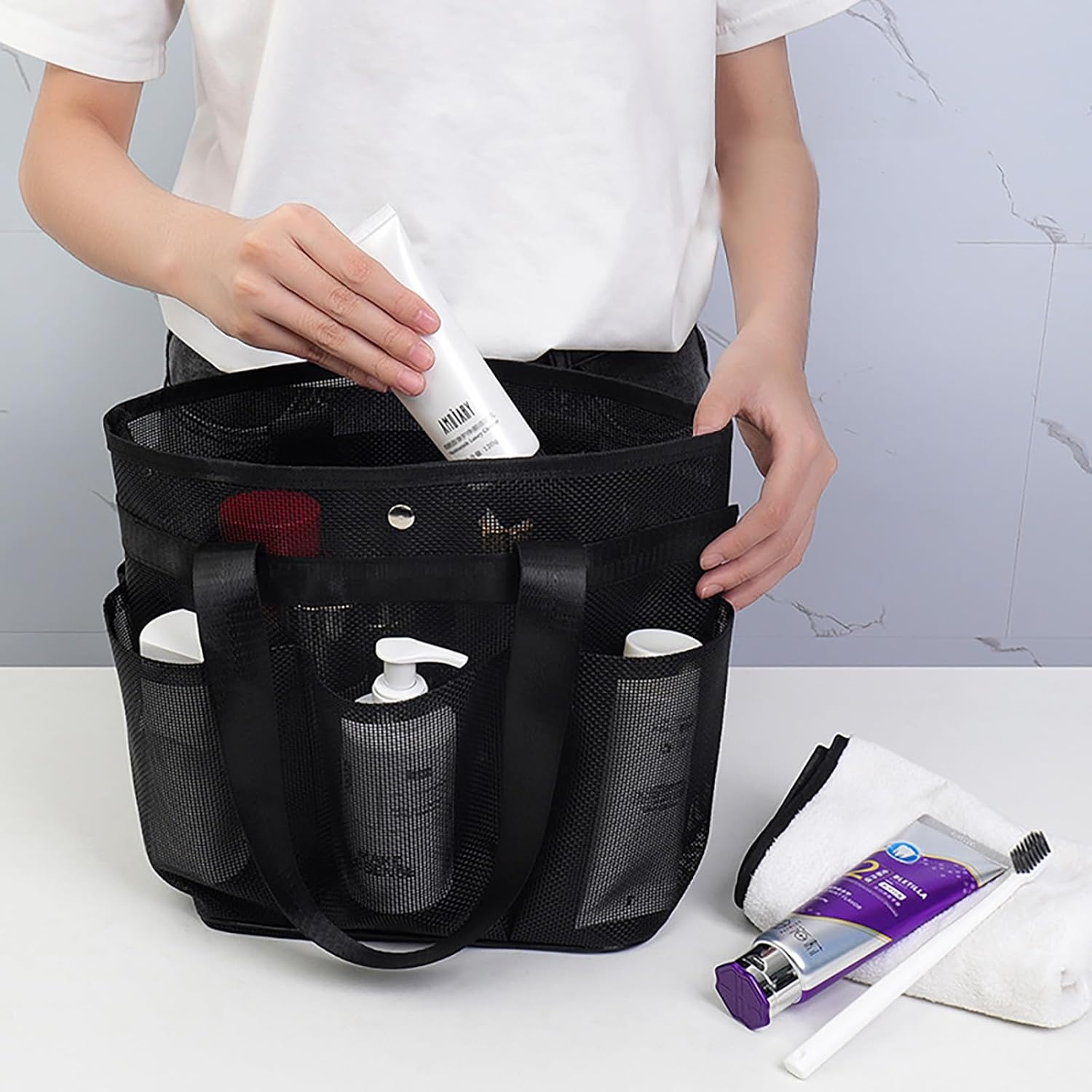 Portable Mesh Shower Caddy with 8 Deep Pockets 1