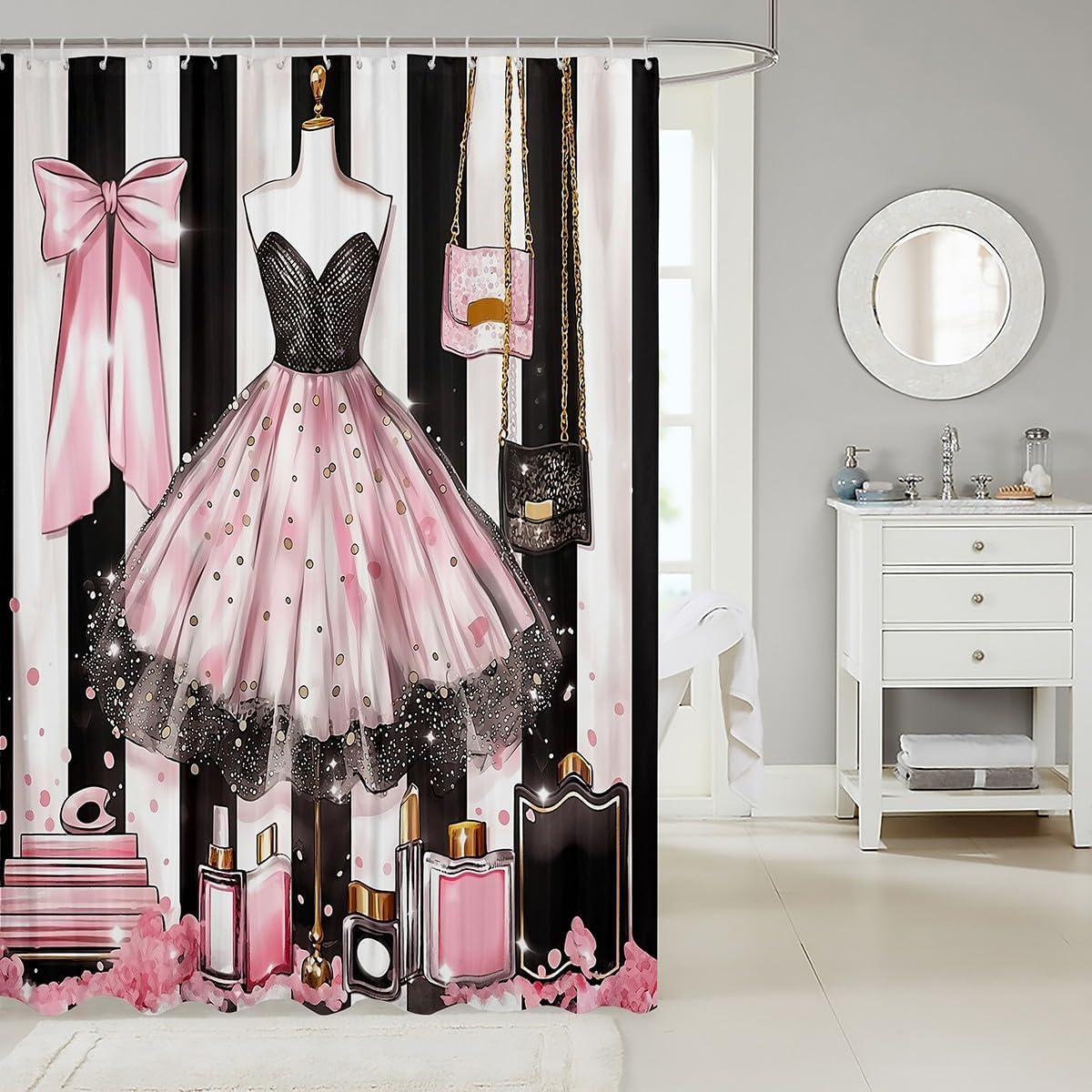Pink Girly Dress Shower Curtain with Gold Polka Dots and Perfume Print