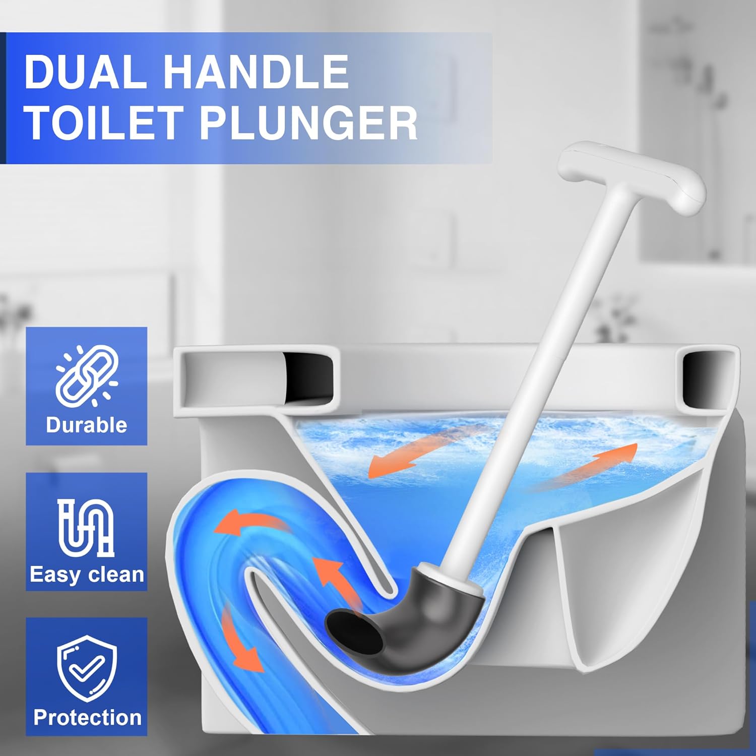 Cinola Dual Handle Toilet Plunger with Wall Mount Holder - White