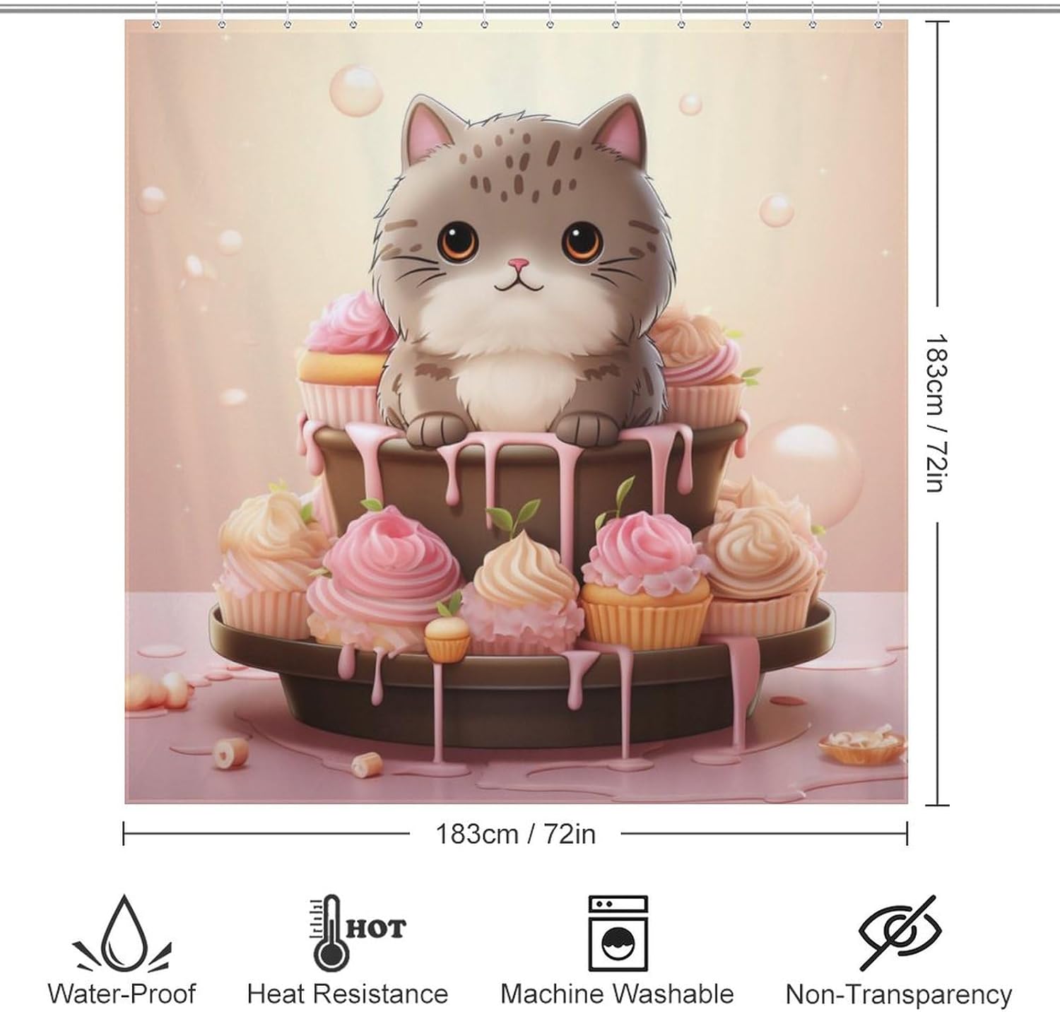Cute Pink Ice Cream Cat Shower Curtain Set with 12 Hooks 72x72in
