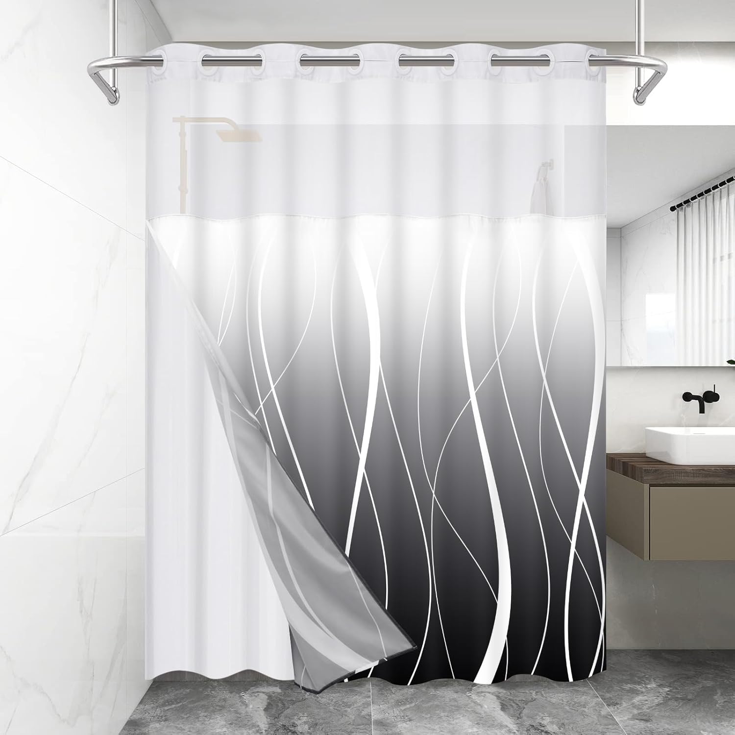 Likiyol Black Stripe Shower Curtain with Snap Liner Set