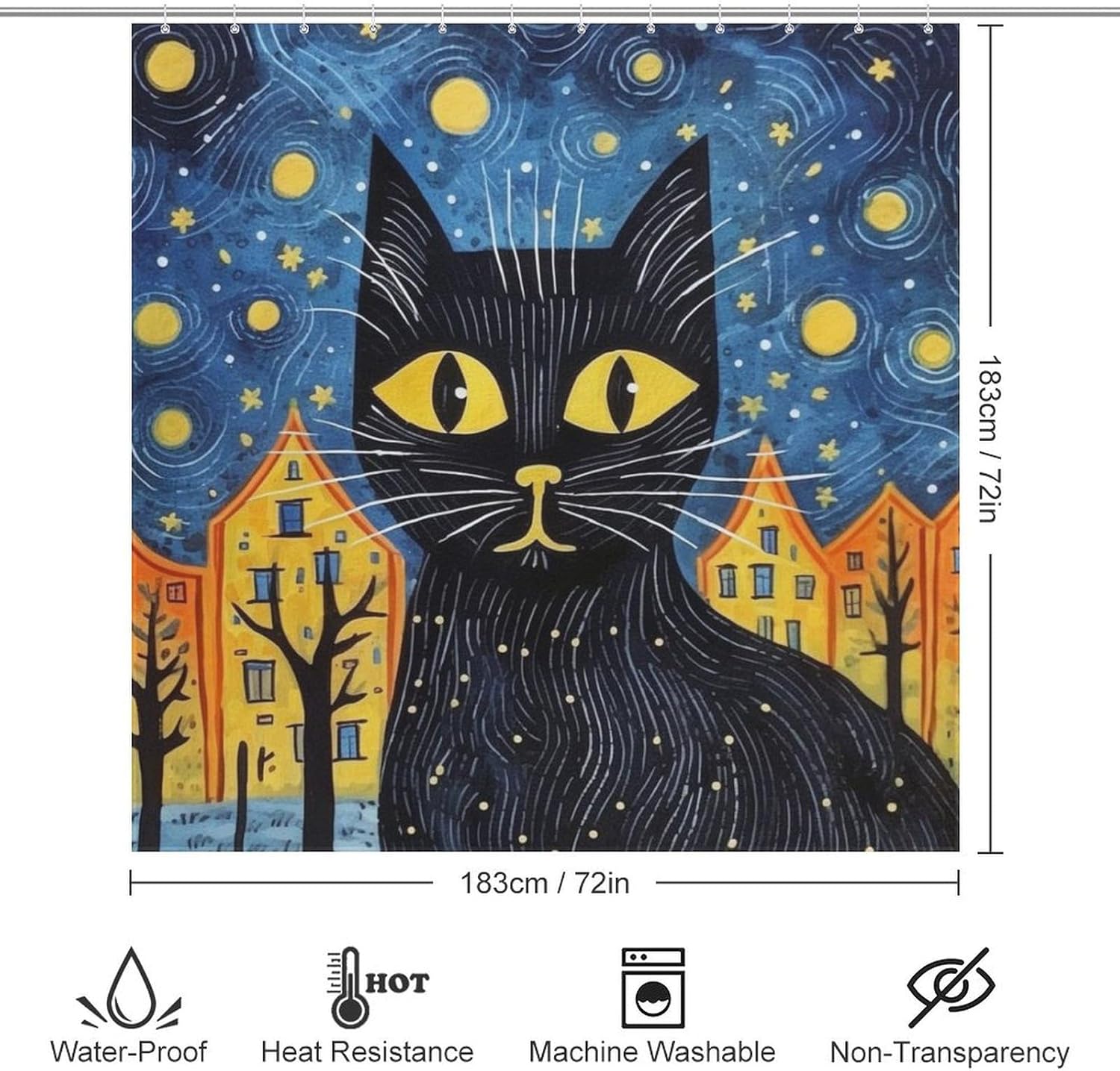 Black Cat Shower Curtain Set with 12 Hooks 72x72in 1
