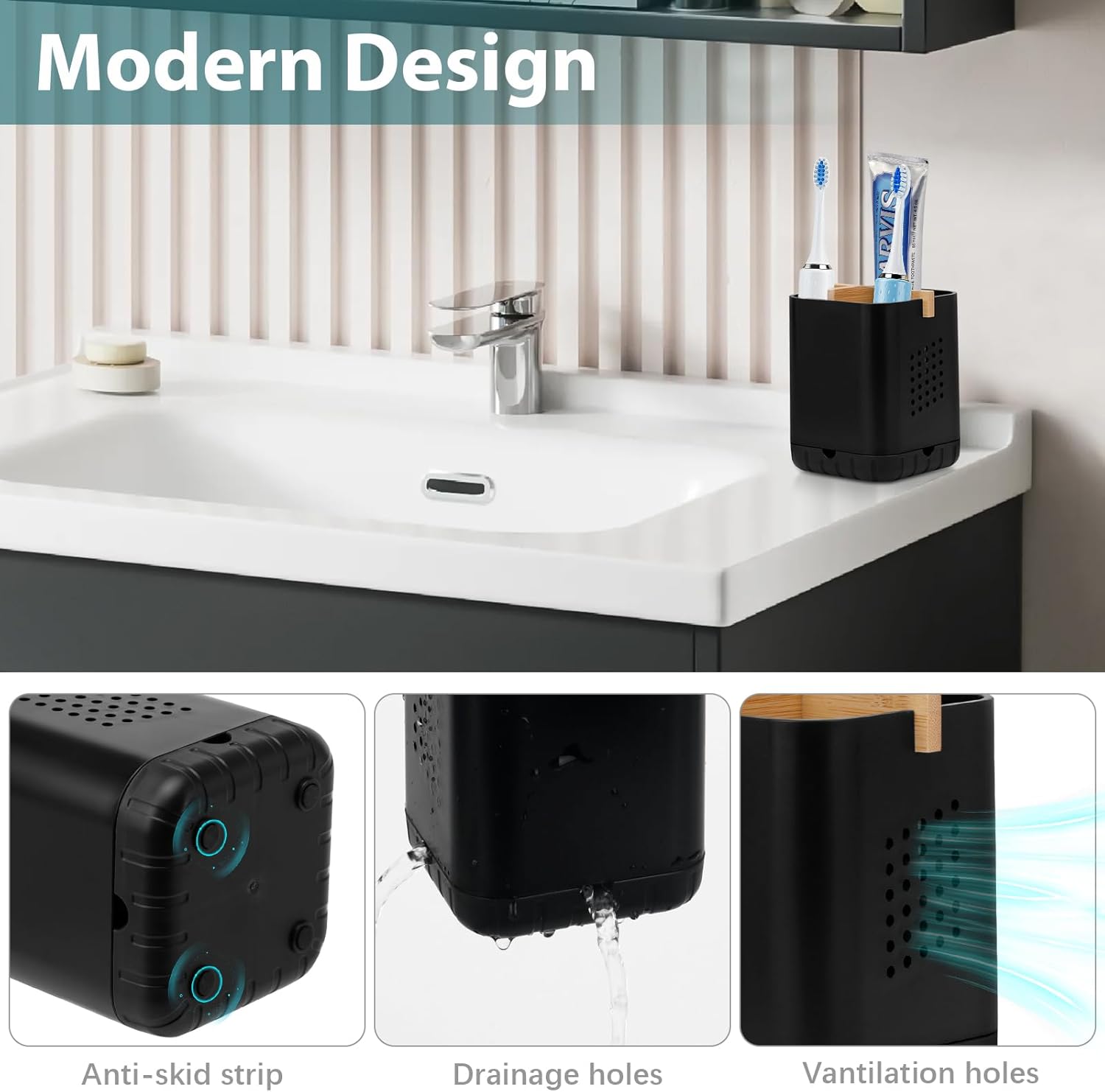 Boperzi Black Toothbrush Holder with Bamboo Divider