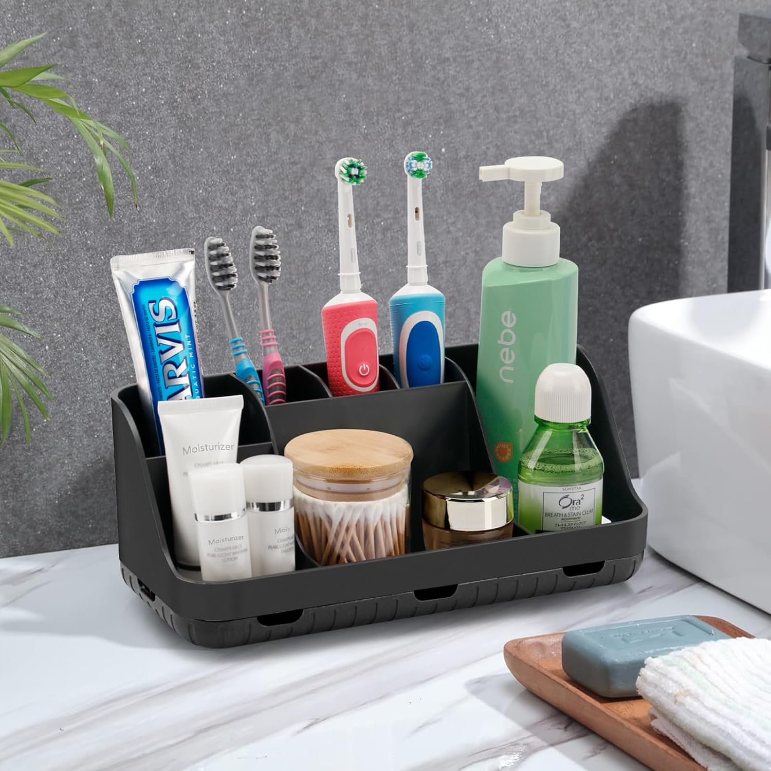 Black Toothbrush Holder with 7 Slots and Drainage