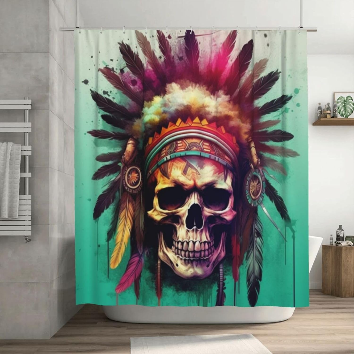 Red Feather Paint Spatter Boho Shower Curtain Set with 12 Hooks