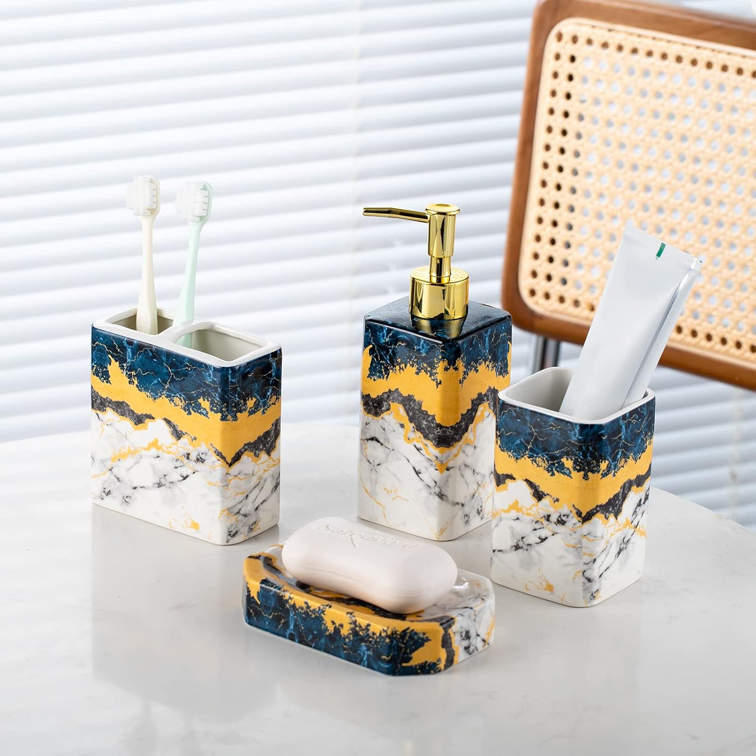 4 Piece Blue Marble Bathroom Accessories Set