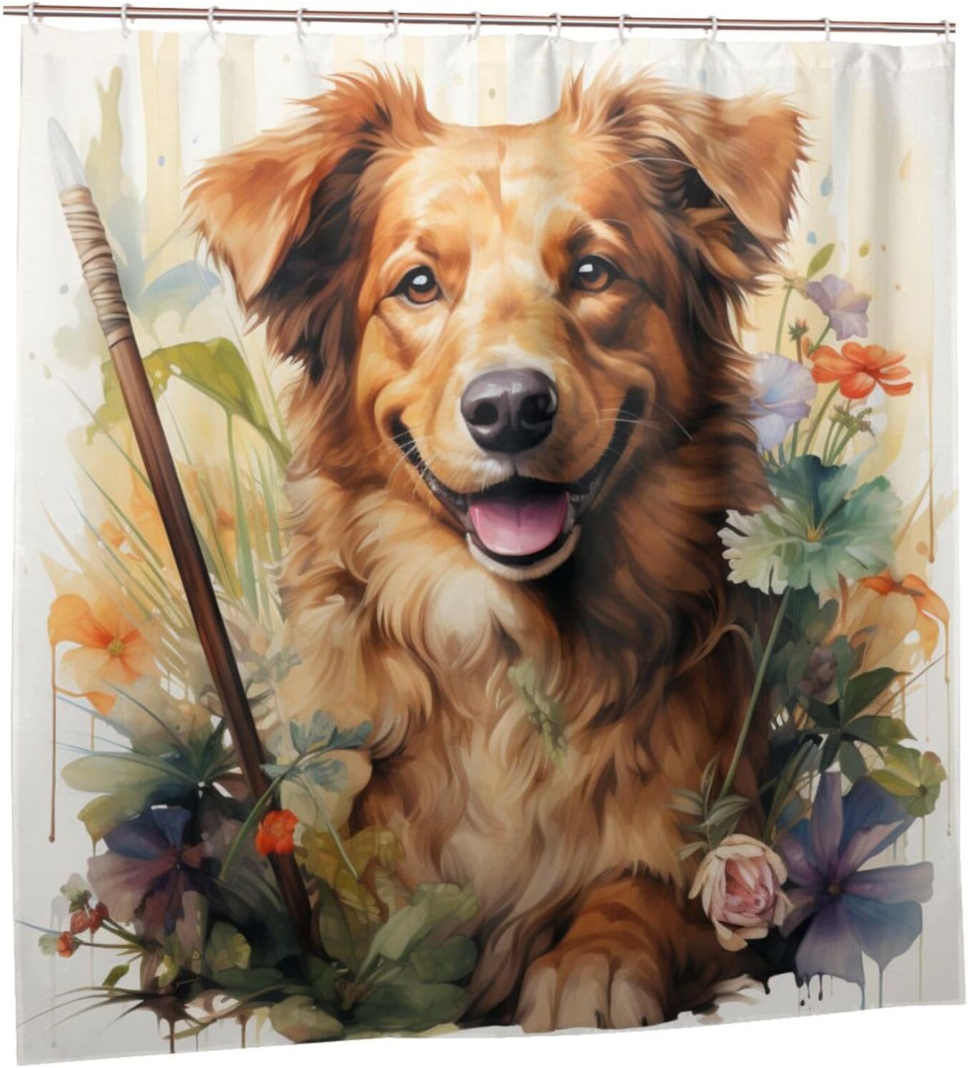 Brown Dog Pattern Waterproof Shower Curtain Set with 12 Hooks 72x72in