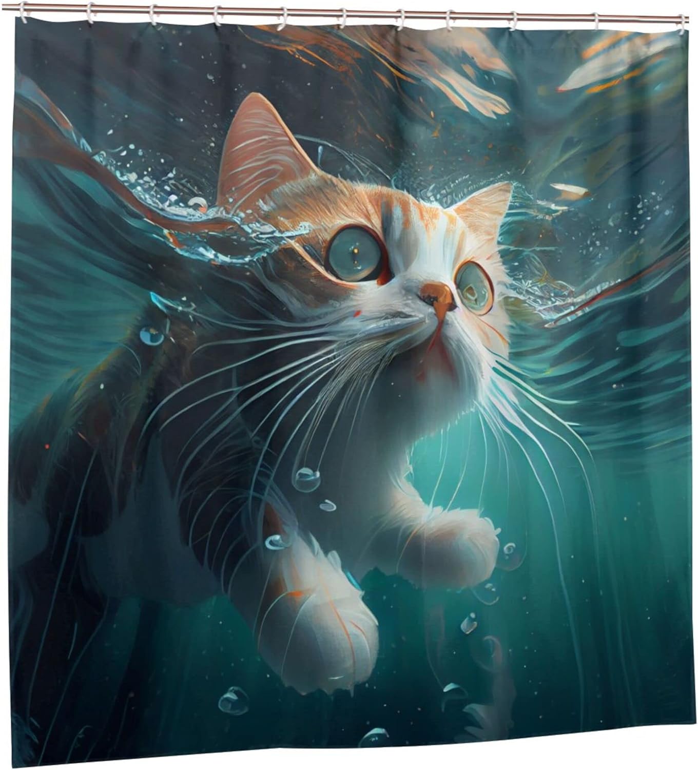TIYAANDSY Underwater Cat Shower Curtain Set 72x72in with 12 Hooks