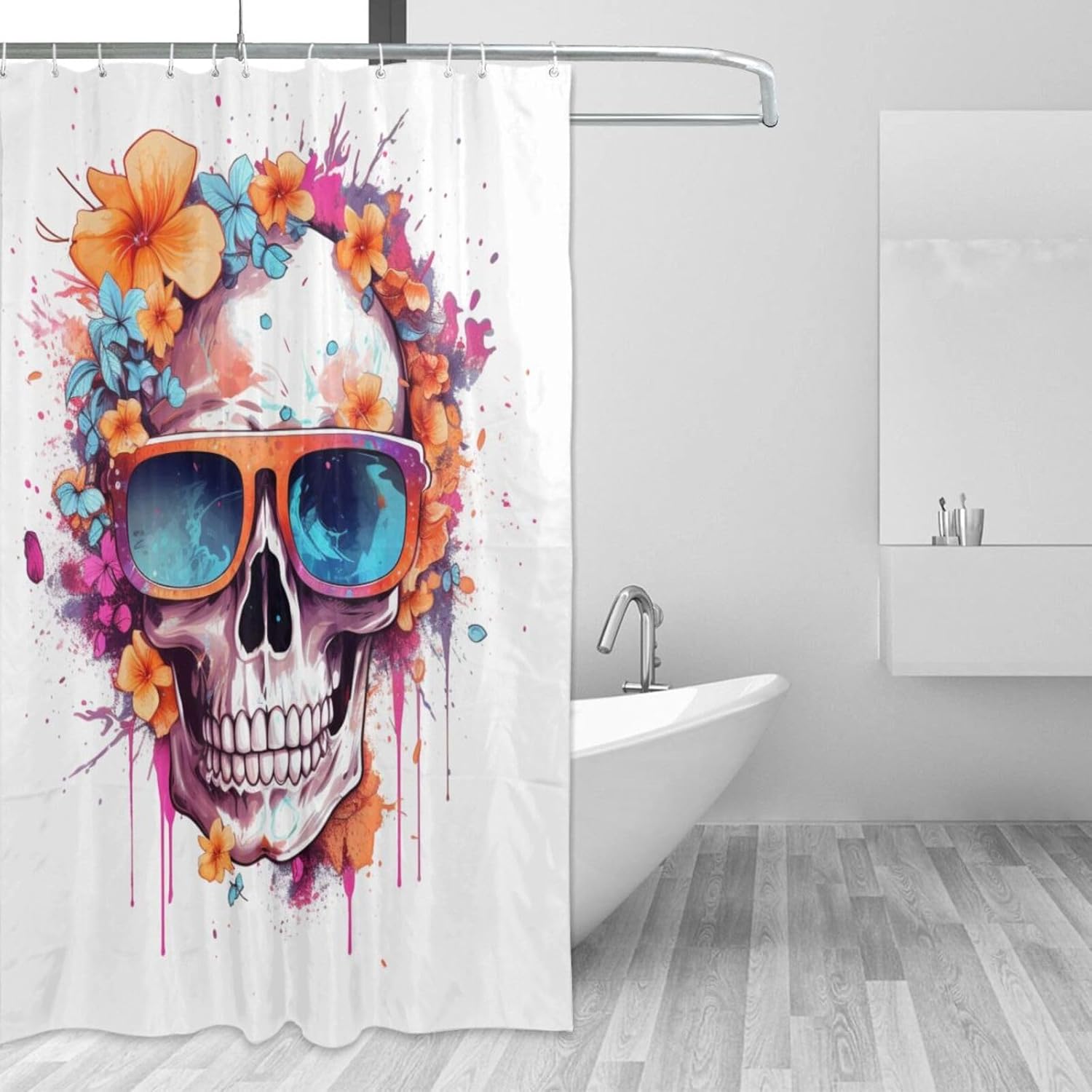 Boho Blue Flower Skull Shower Curtain Set with 12 Hooks 1