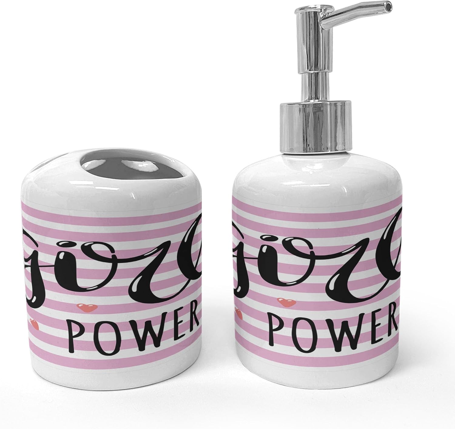 Ambesonne Lettering Soap Dispenser Toothbrush Holder Set Pale Pink Charcoal Grey 1