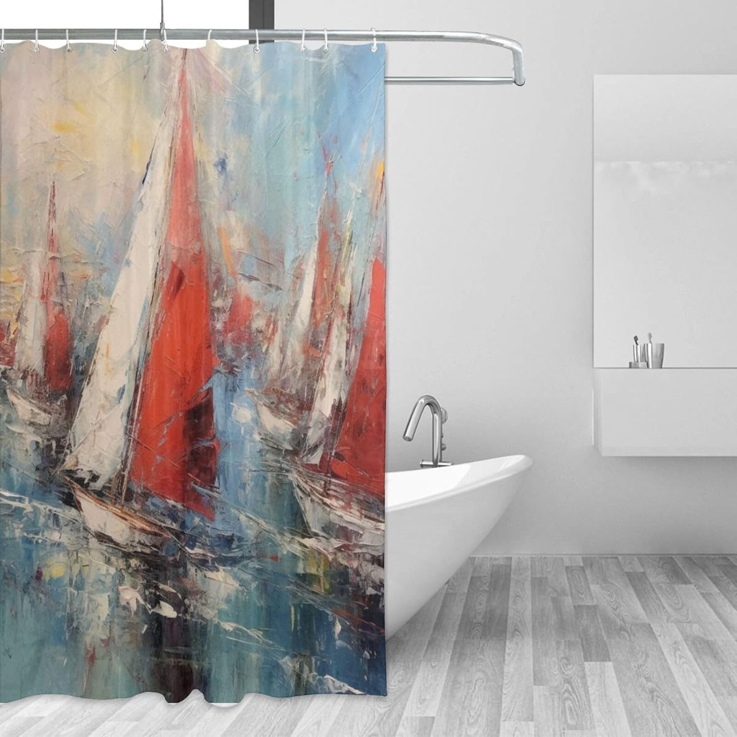 Red White Sailboat Shower Curtain with 12 Hooks