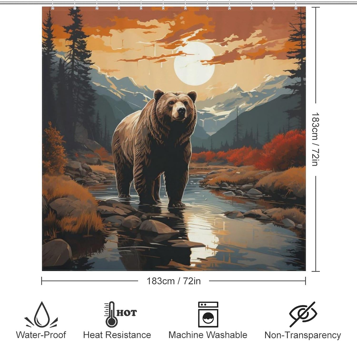 Brown Bear Shower Curtain Set with 12 Hooks 72x72in 1