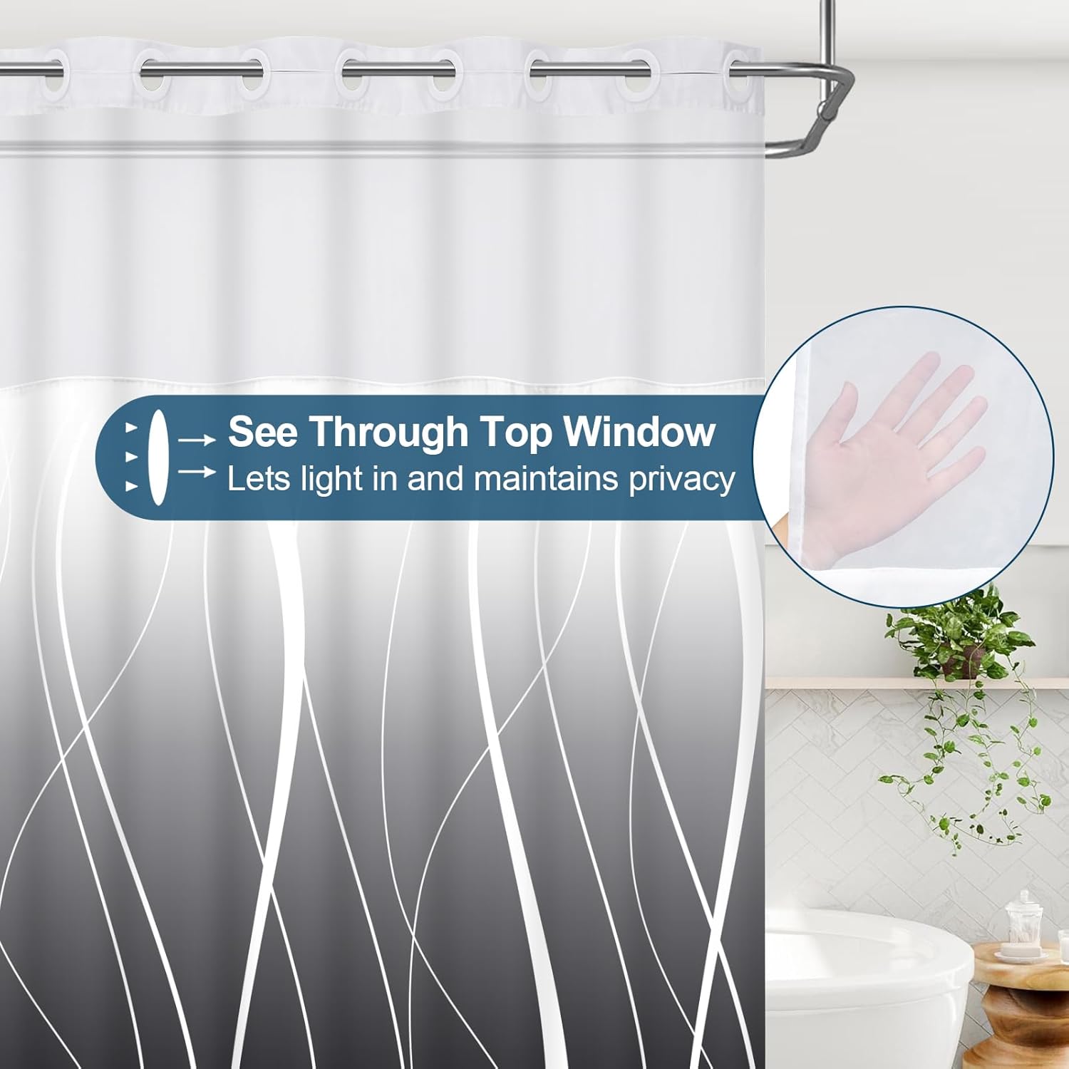 Likiyol Black Stripe Shower Curtain with Snap Liner Set