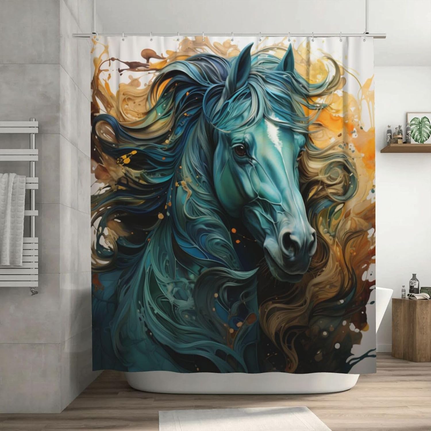 Green Horse Shower Curtain Set with 12 Hooks 72x72in