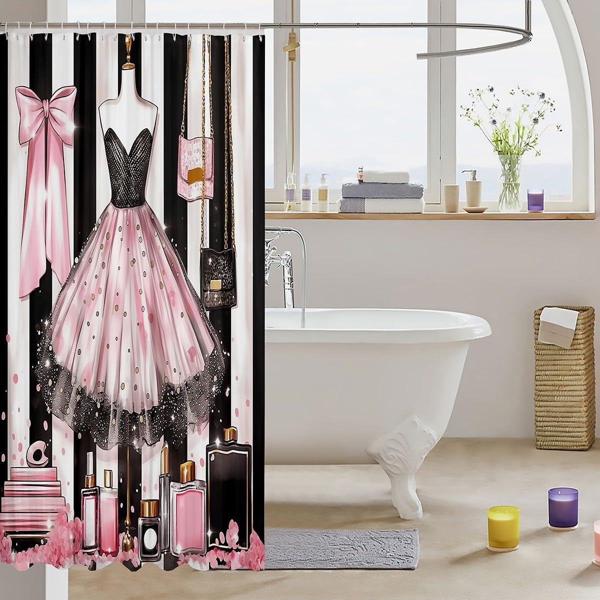 Pink Girly Dress Shower Curtain with Gold Polka Dots and Perfume Print