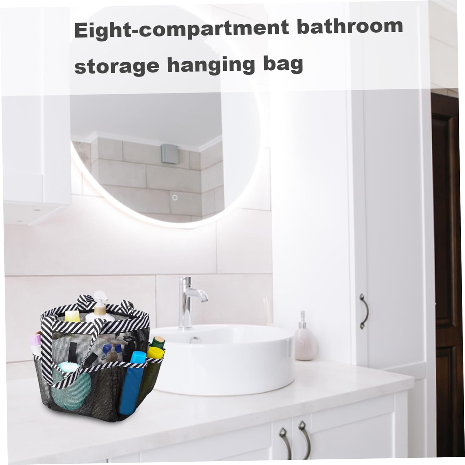 Mesh Shower Caddy with 8 Pockets Portable Black White
