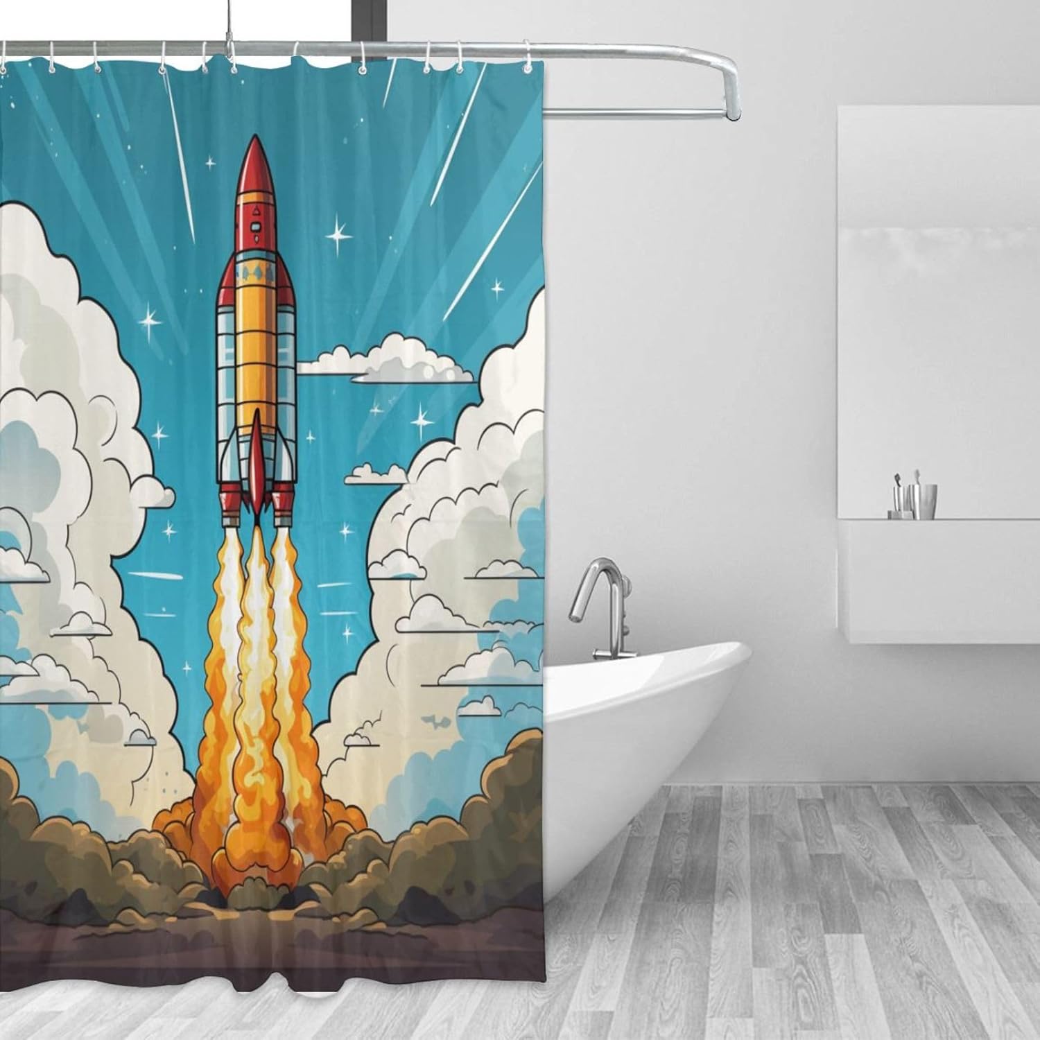 Cartoon Rocket Shower Curtain Set with 12 Hooks 72x72in 1