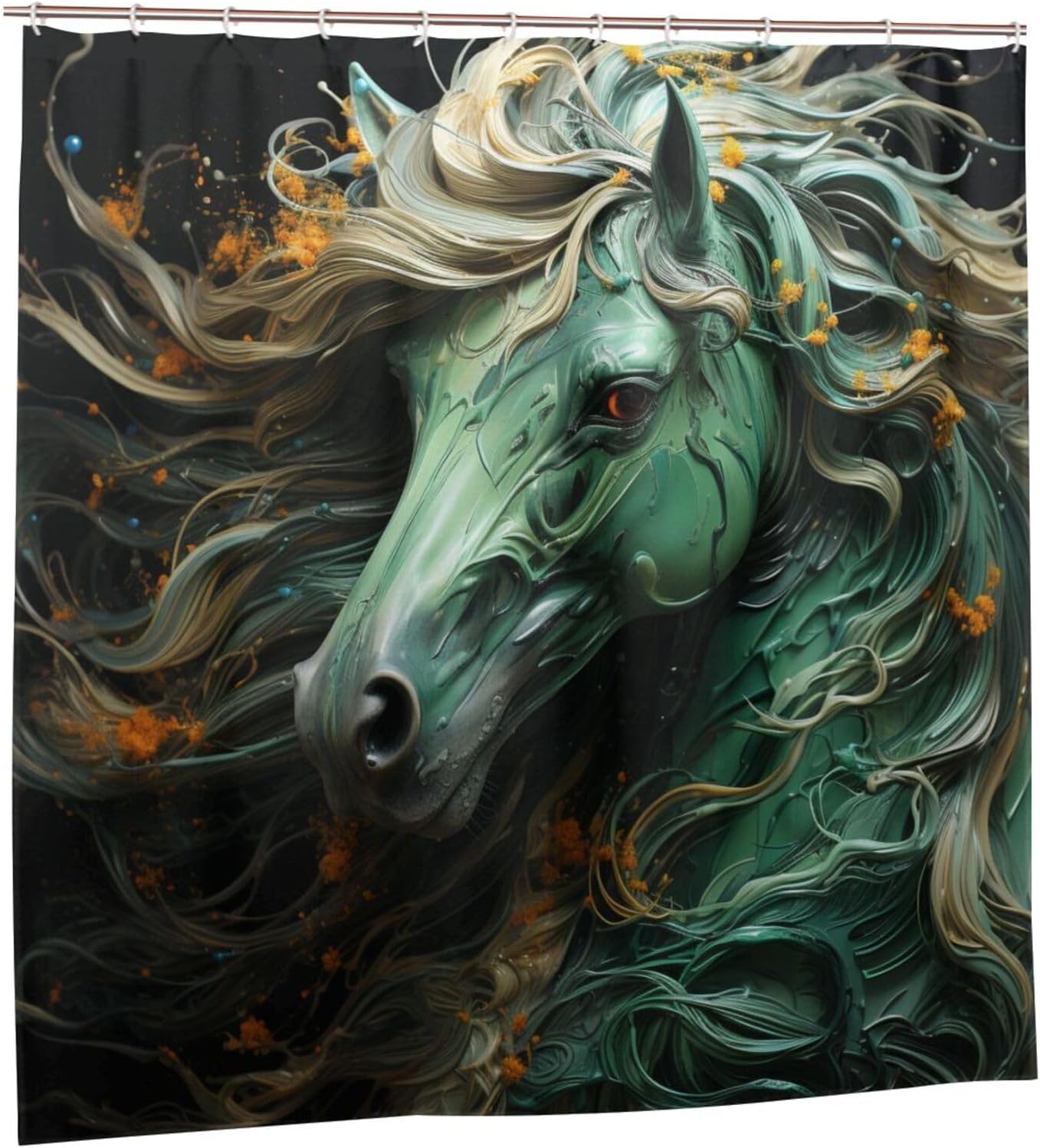 Green Horse Boho Shower Curtain Set with 12 Hooks 72x72in