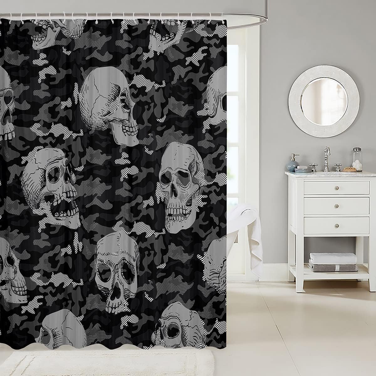 Erosebridal Gray Skull Shower Curtain 72x72 Black White Grey Camo