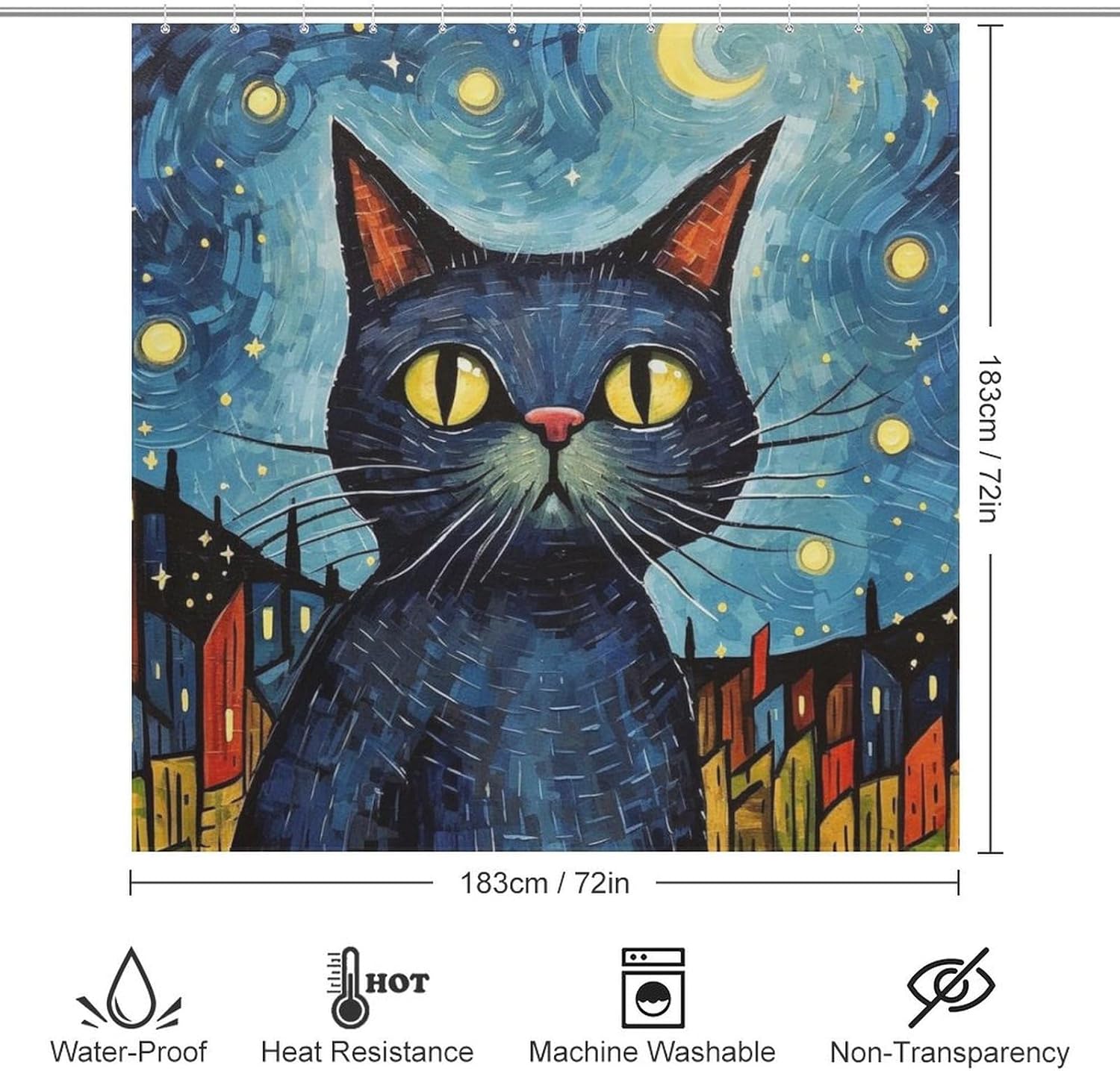 Black Cat Shower Curtain Set with 12 Hooks 72x72in