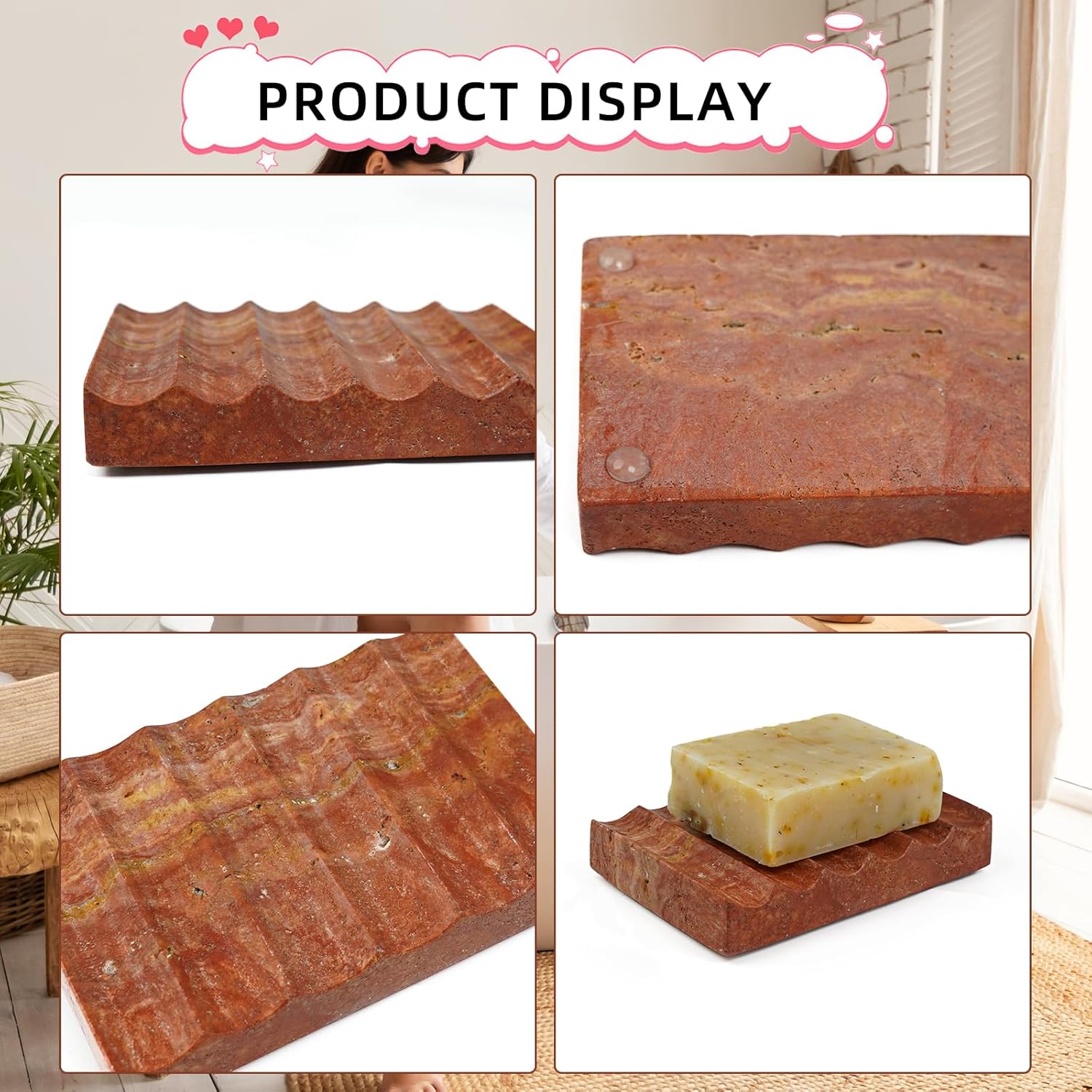 Red Natural Travertine Soap Dish with Feet