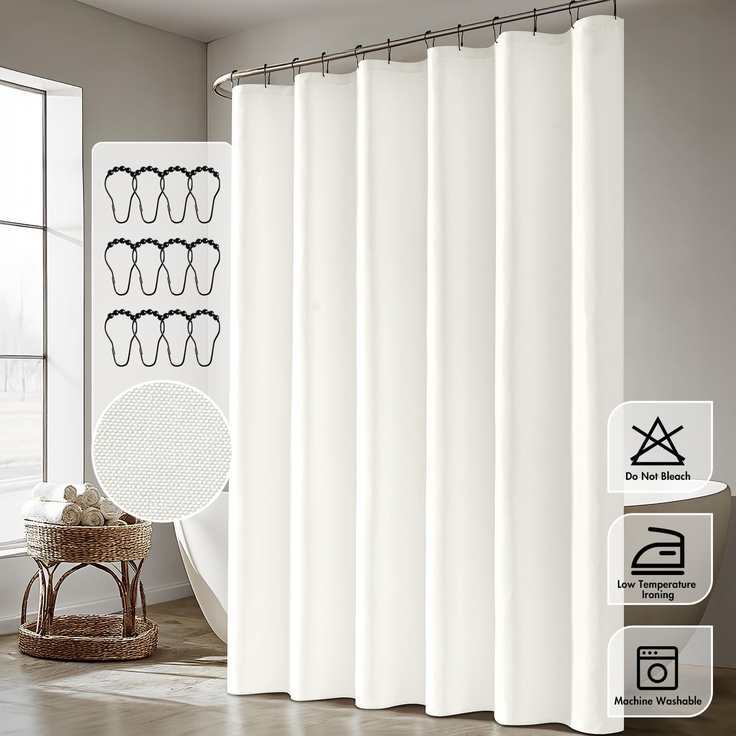ANRODUO White Extra Long Shower Curtain Set