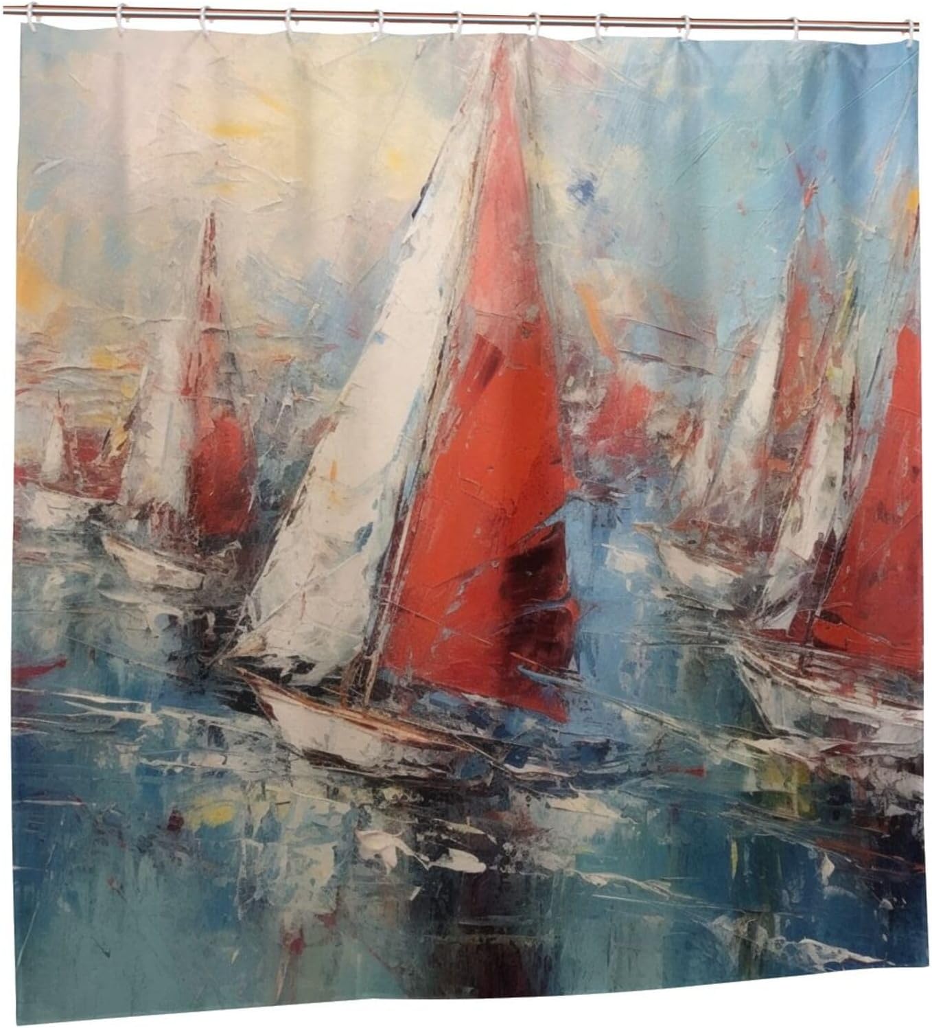Red White Sailboat Shower Curtain with 12 Hooks