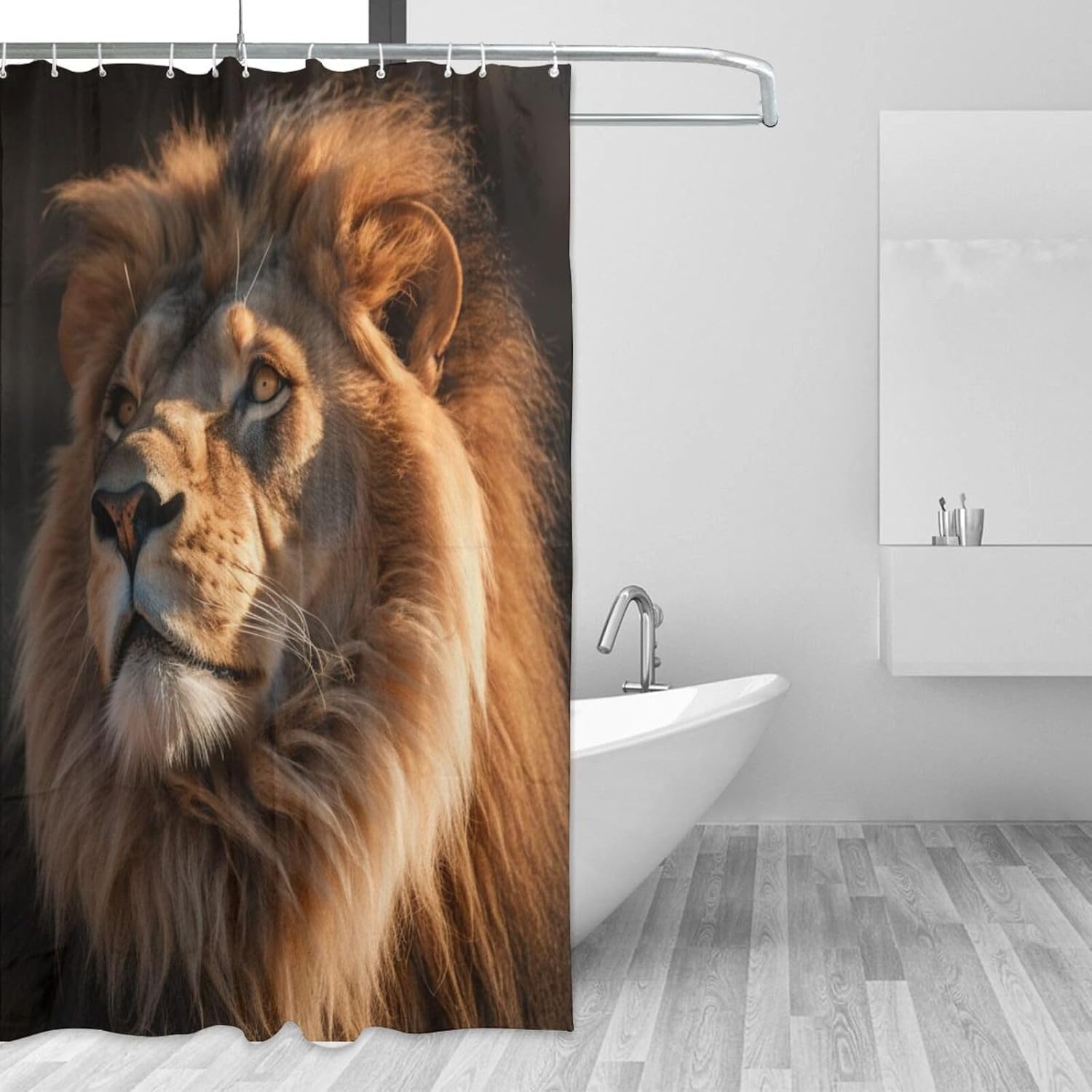 Brown Lion Waterproof Shower Curtain Set with 12 Hooks 72x72in