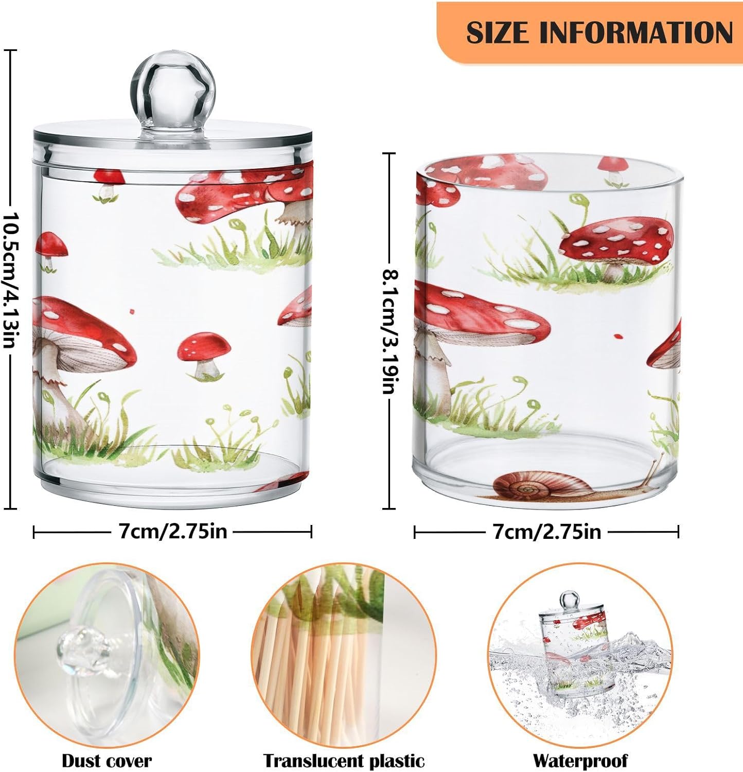 YETTASBIN Mushroom Clear Plastic Storage Jars 2 Pack