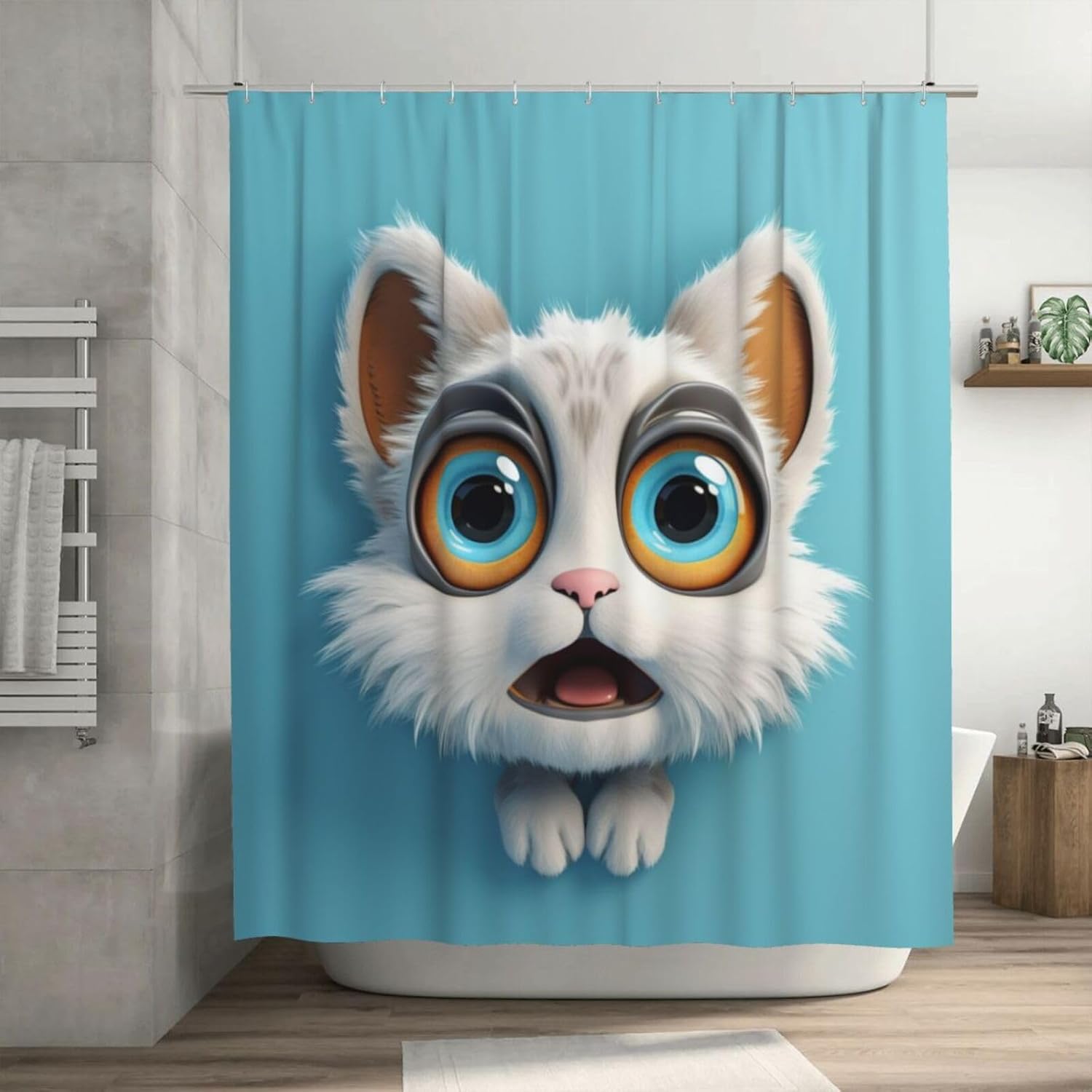 White Cat Boho Shower Curtain Set with 12 Hooks 72x72in