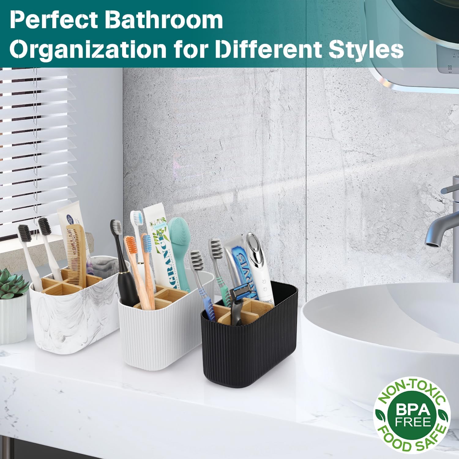 White Toothbrush Holder - Bamboo Toothbrush Organizer for Bathrooms
