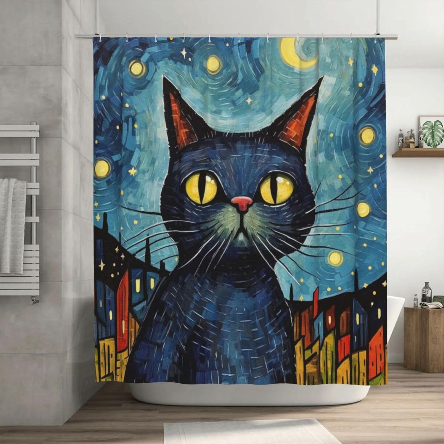 Black Cat Shower Curtain Set with 12 Hooks 72x72in
