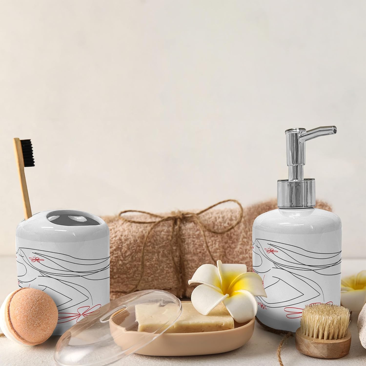 Ambesonne Ceramic Soap Dispenser Toothbrush Holder Set 2 Pcs Charcoal Grey Vermilion
