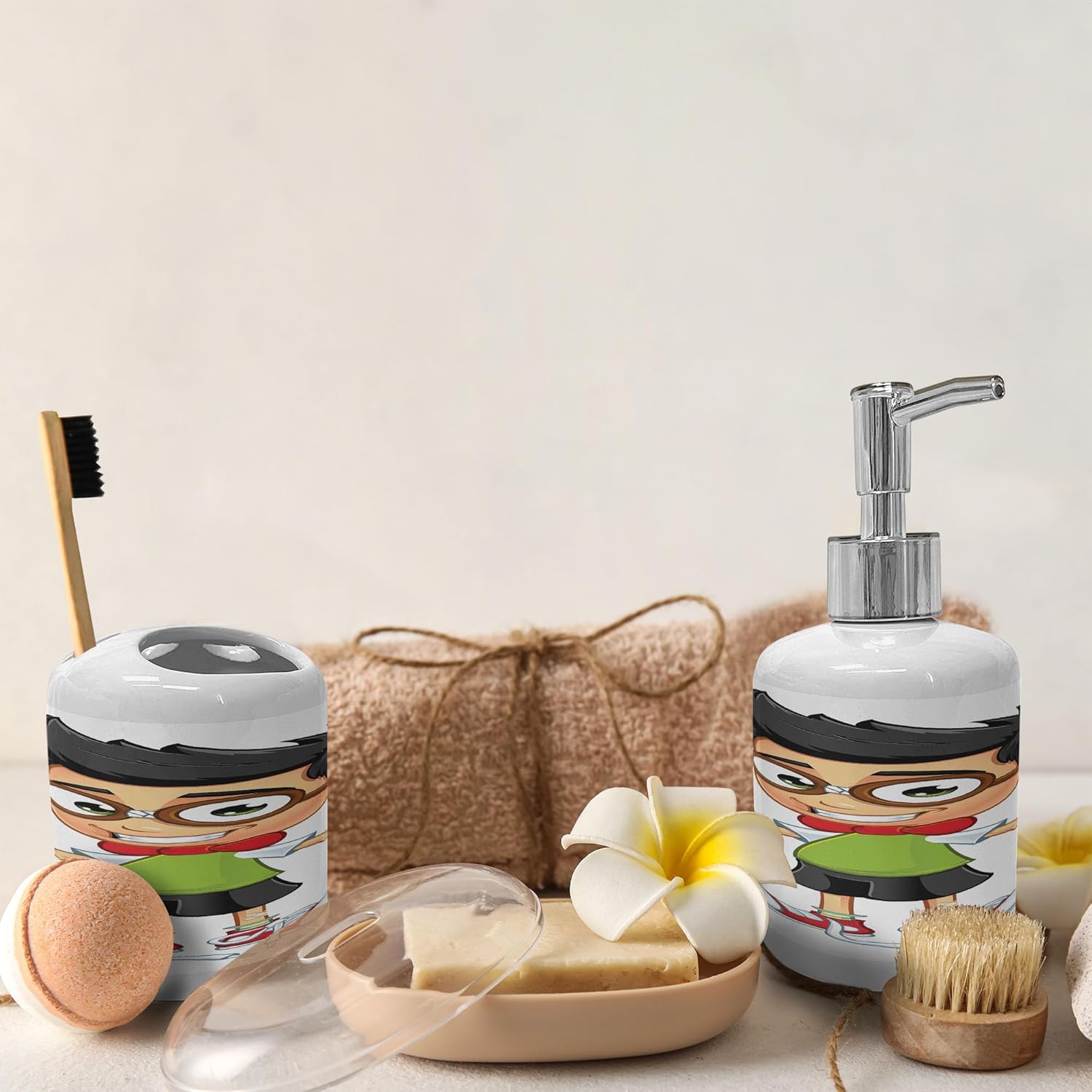 Ambesonne Happy Boy Soap Toothbrush Set Ceramic Bath Accessories 2 Pcs