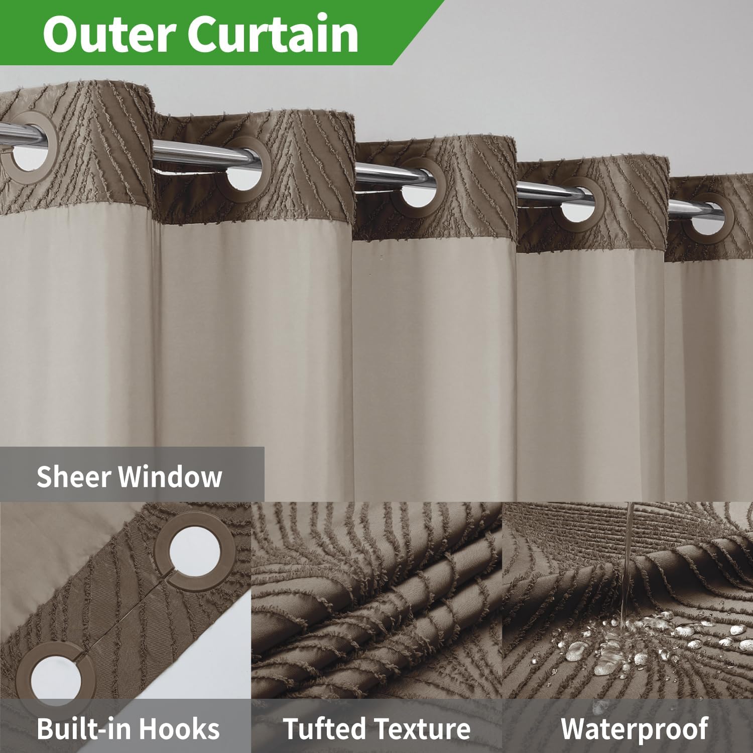 No Hook Shower Curtain Set with Boho Tufted Stripes and See Through Top