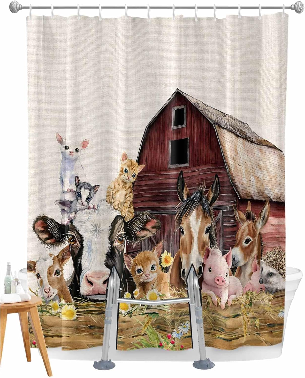Split Shower Curtain with Hooks for Transfer Bench and Bath Tub