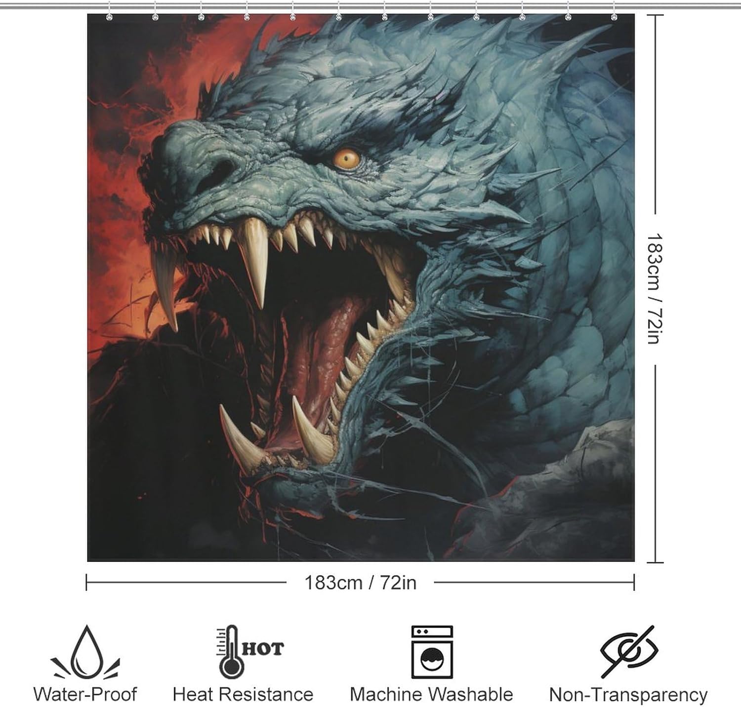 Roaring Dragon Waterproof Shower Curtain Set 72x72in with 12 Hooks