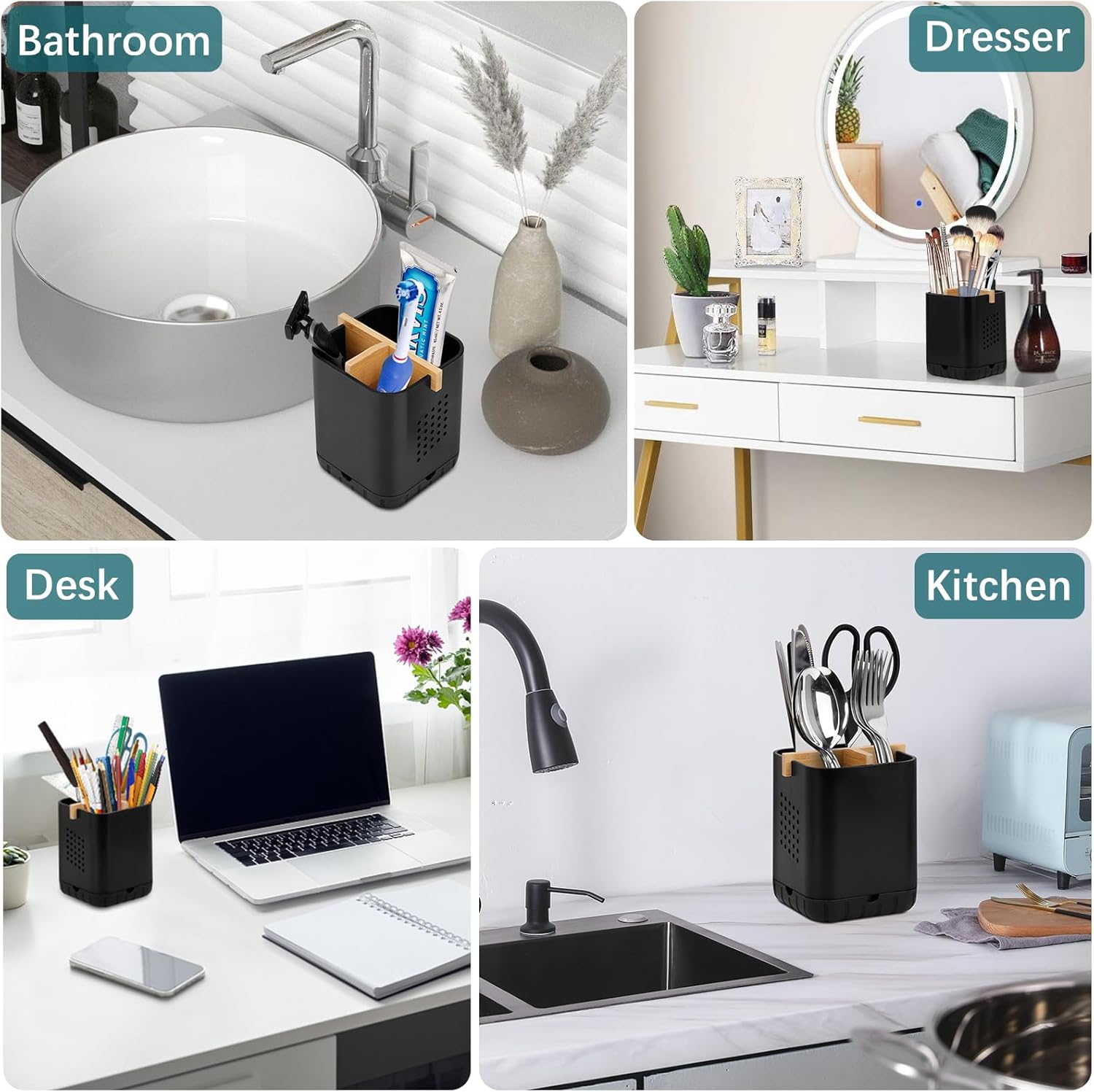 Boperzi Black Toothbrush Holder with Bamboo Divider