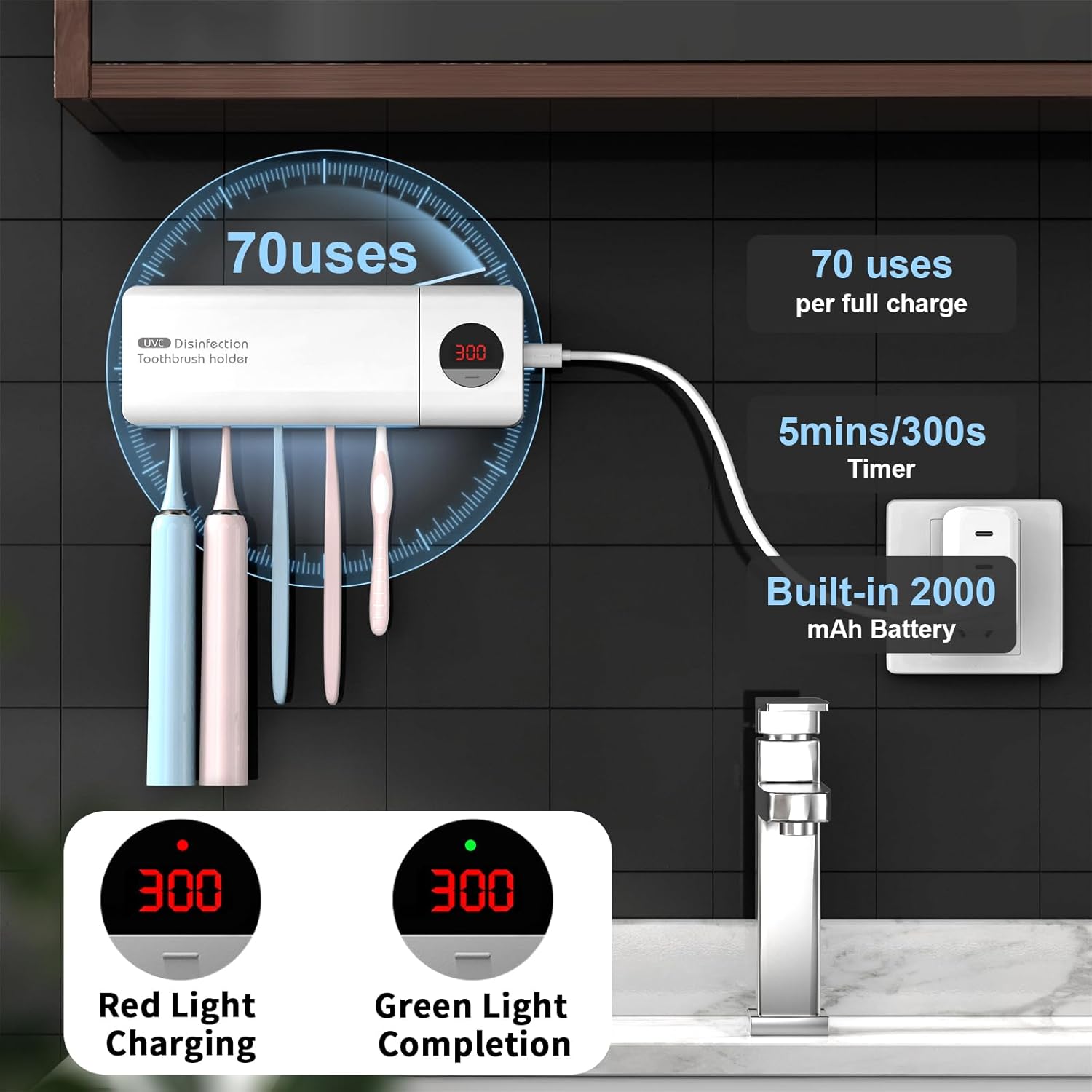 HouseGem Cordless Toothbrush Holder with Timer