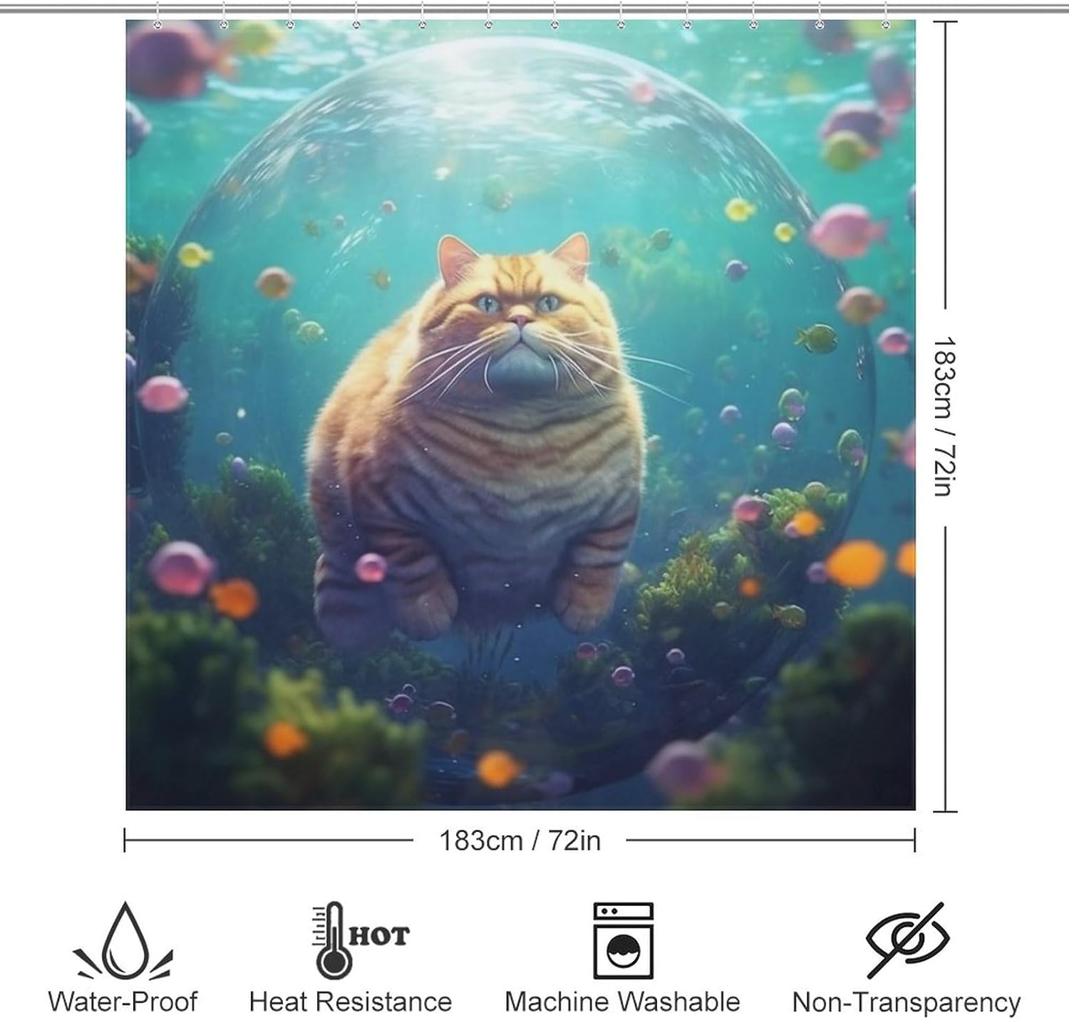 Cute Fat Cat Underwater Fun Fish Shower Curtain Set