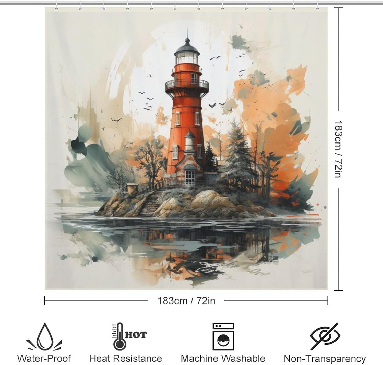Lighthouse Shower Curtain Set with 12 Hooks 72x72in