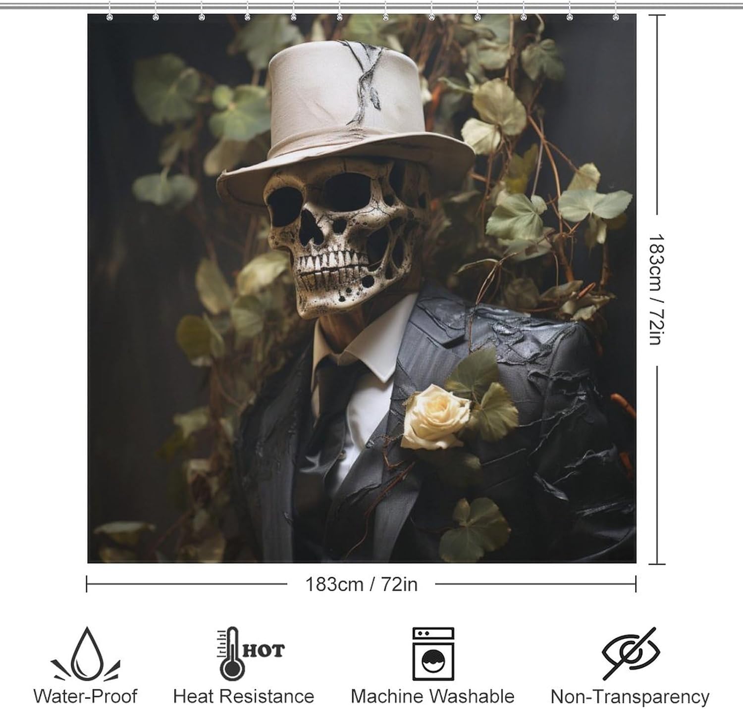 Black Suit Skull Shower Curtain Set with 12 Hooks 72x72in