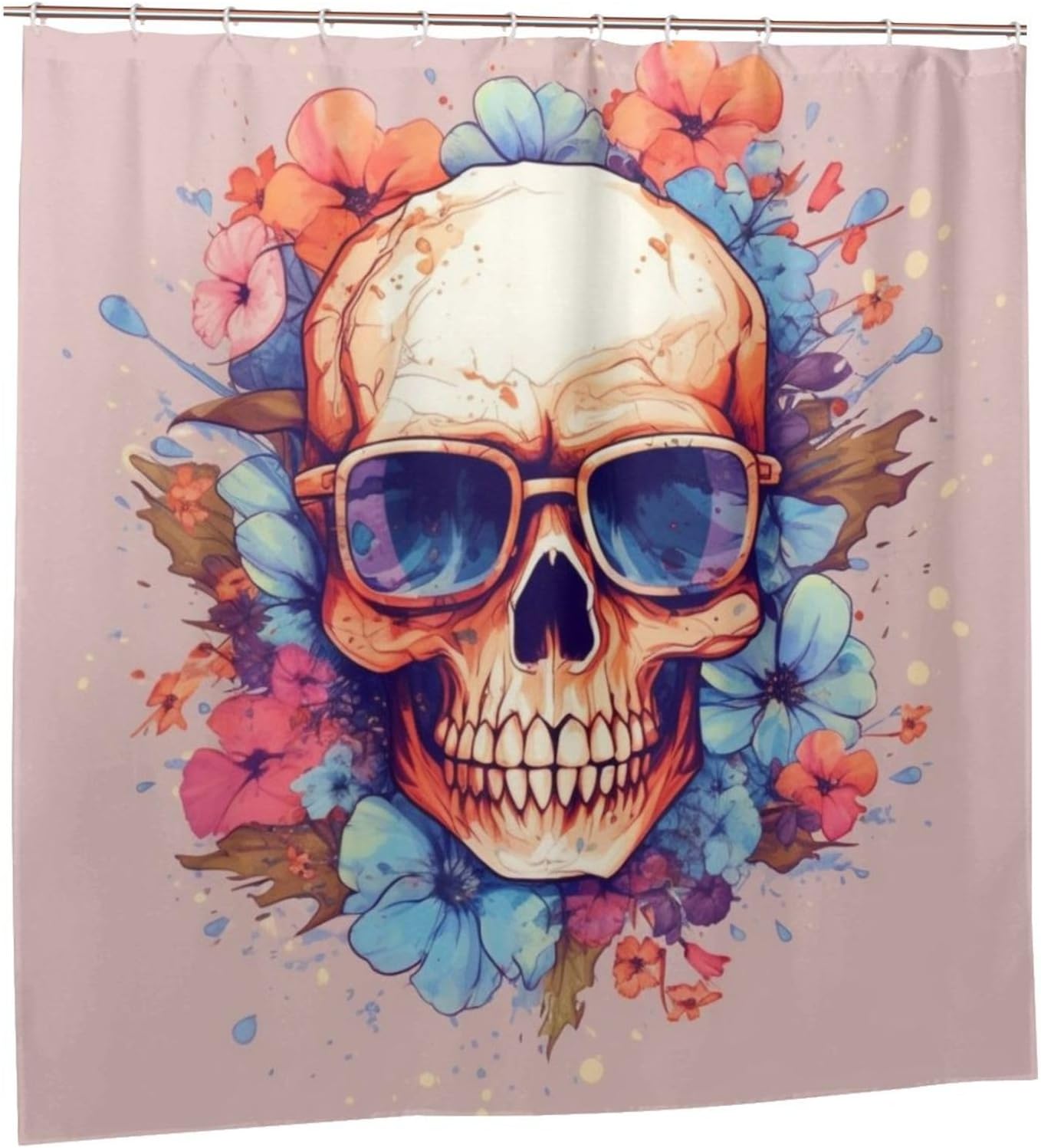 Boho Blue Flower Skull Shower Curtain Set with 12 Hooks