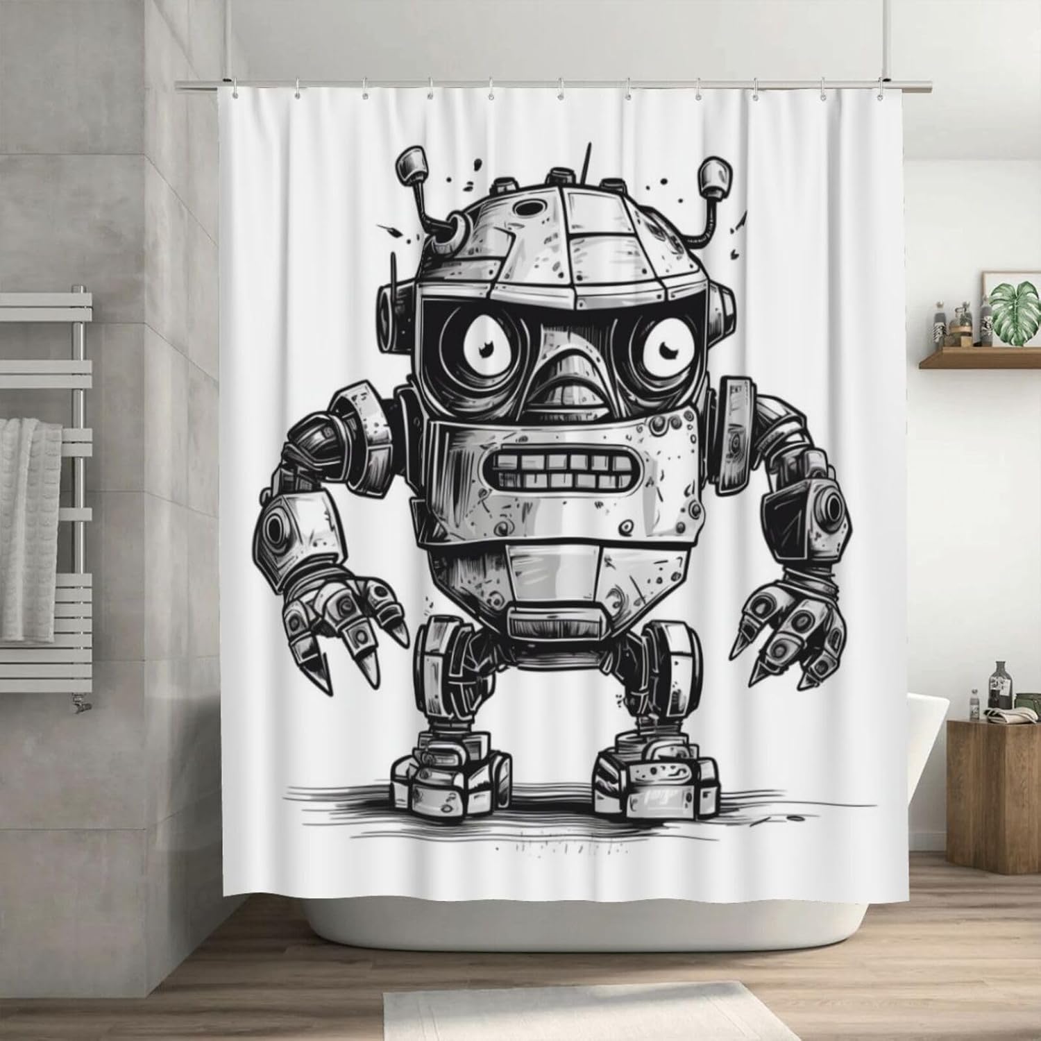 Cartoon Robot Shower Curtain Set with 12 Hooks 72x72in