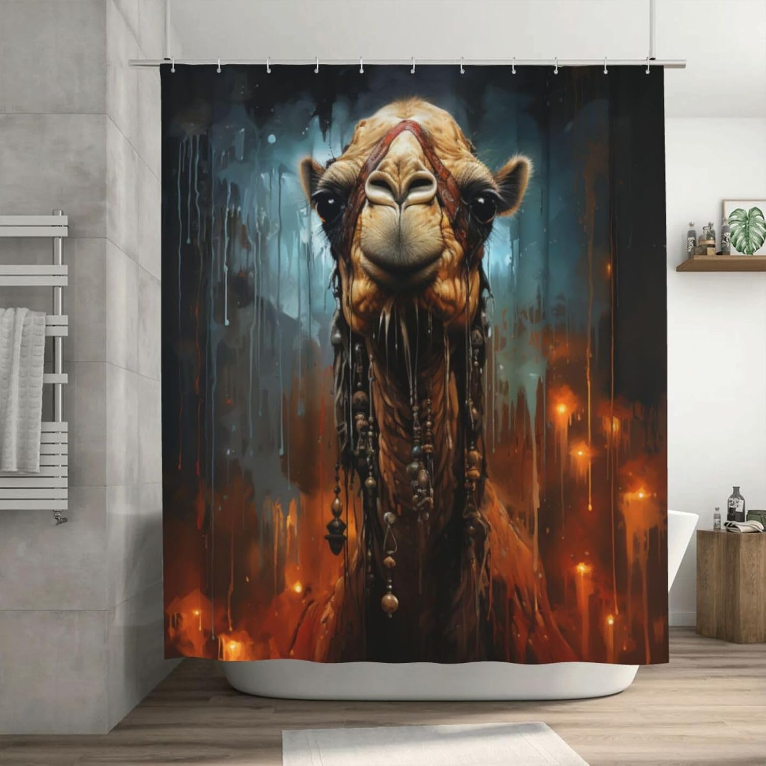 Boho Blue Paint Animal Shower Curtain Set with 12 Hooks