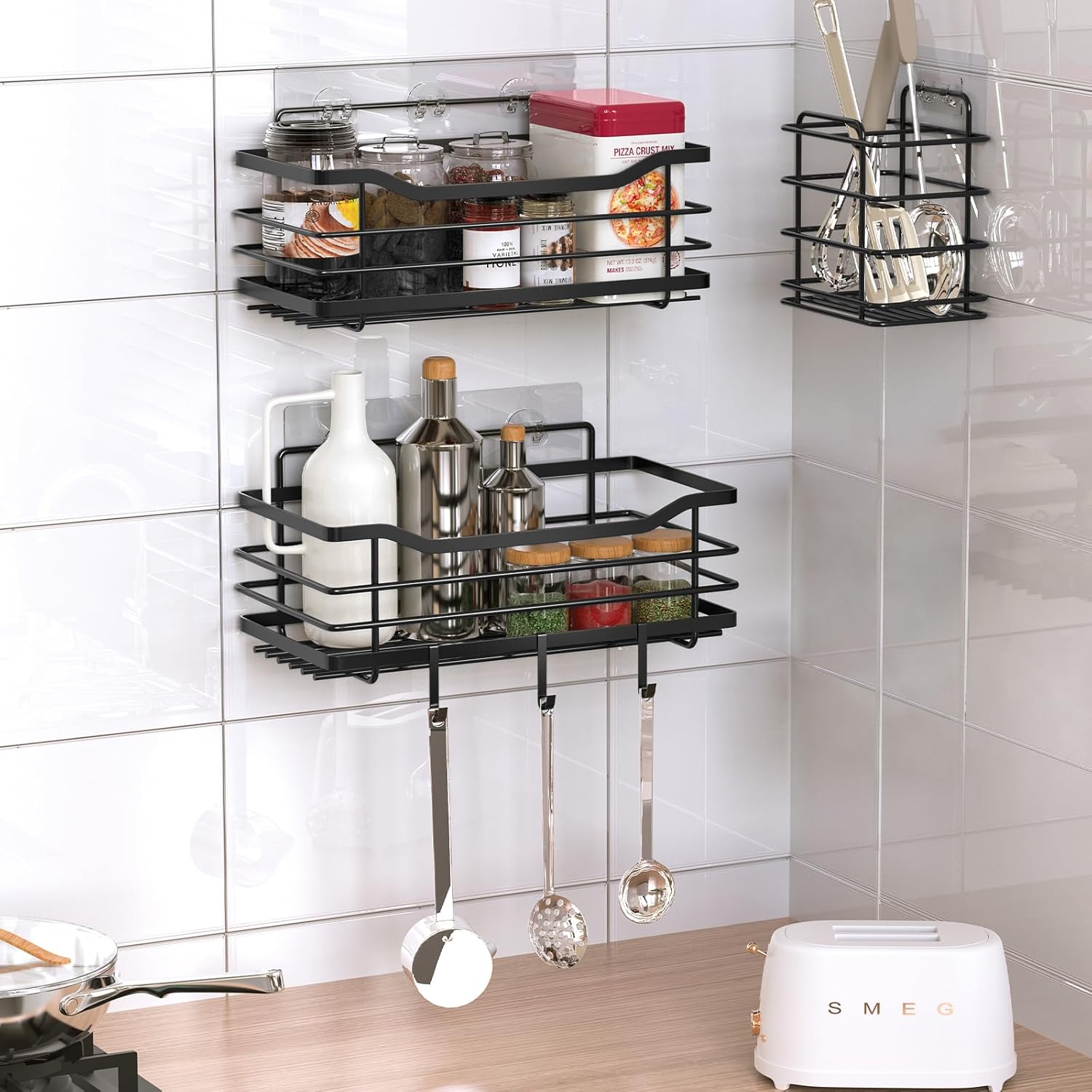 Stainless Steel Shower Caddy Set with 5 Adhesive Holders