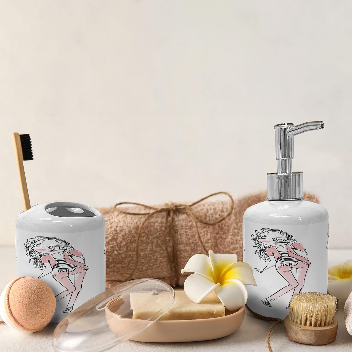 Ambesonne Ceramic Soap Dispenser Toothbrush Holder Set