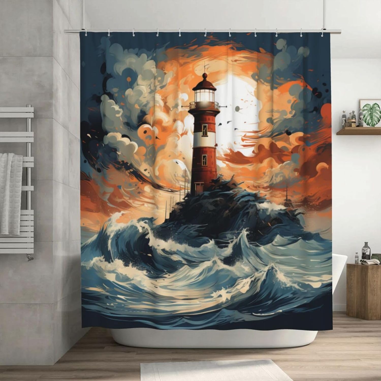 TIYAANDSY Lighthouse Shower Curtain Set 72x72in with 12 Hooks